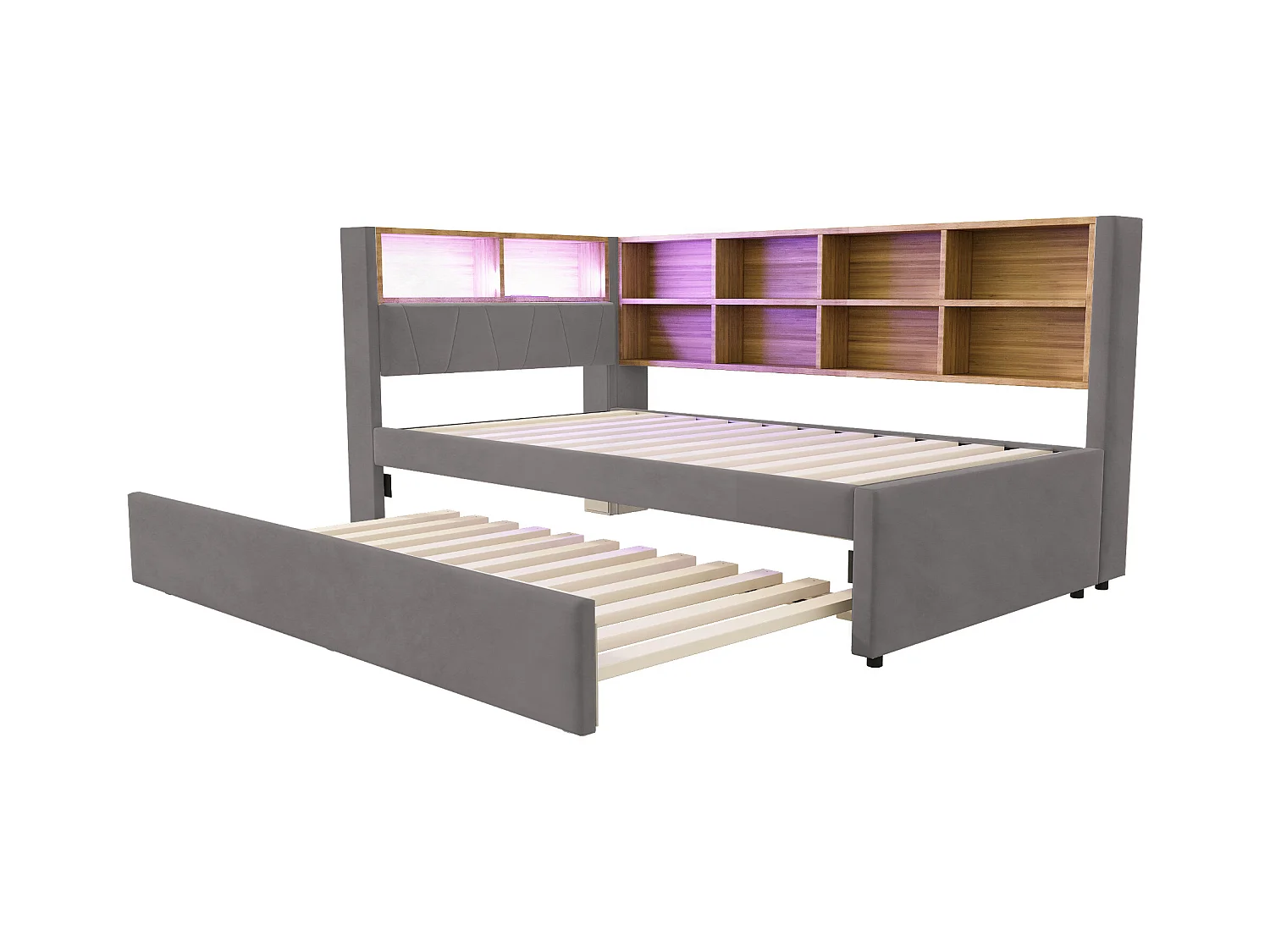 Łóżko dzienne 90 x 200 cm - łóżko wysuwane 90 x 190 cm z oświetleniem LED i dużą ilością miejsca do przechowywania - ciemnoszara flanela