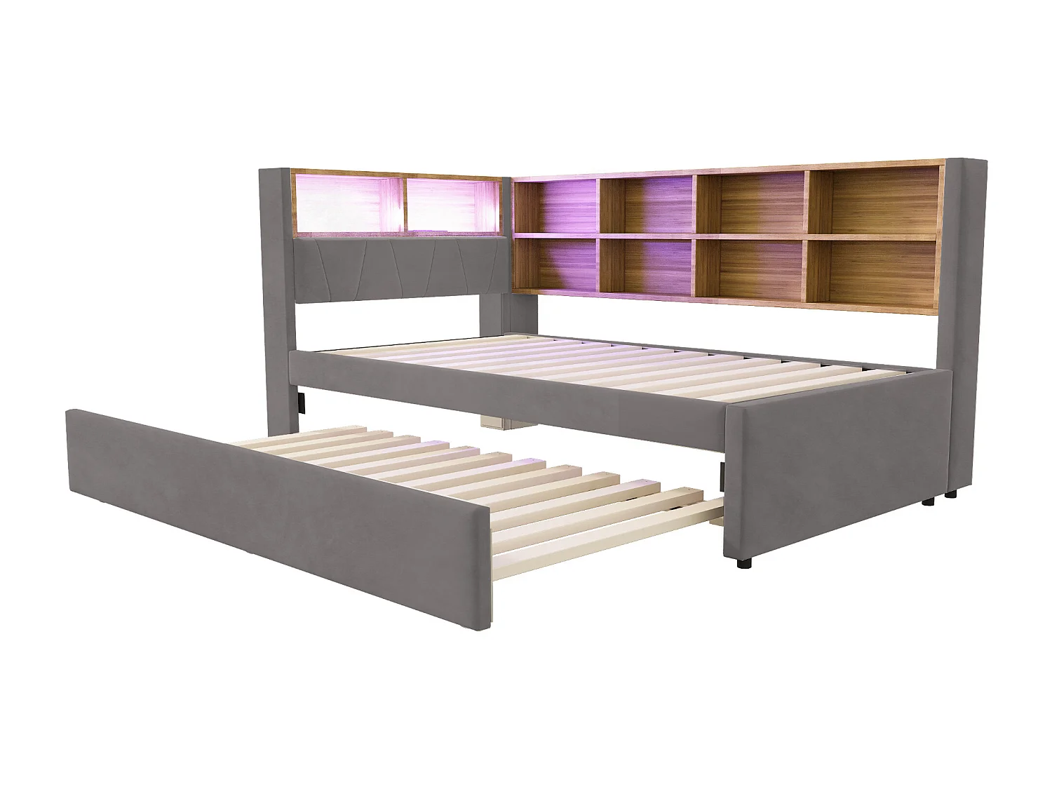 Lit banquette 90 x 200 cm - Lit gigogne 90 x 190 cm avec éclairage LED et nombreux rangements - flanelle gris foncé