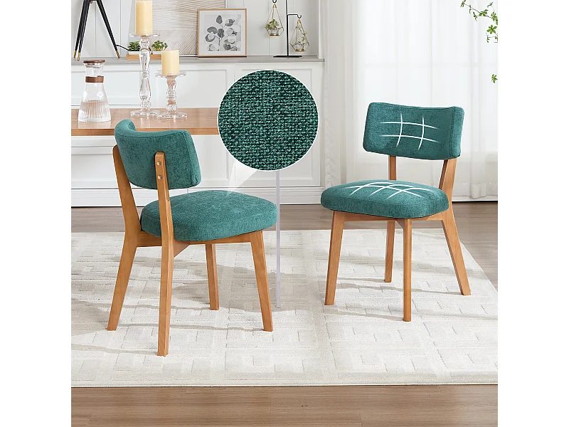 Set van 2 eetkamerstoelen - Stoelen met gewatteerde rugleuningen en massief houten poten - groen linnen