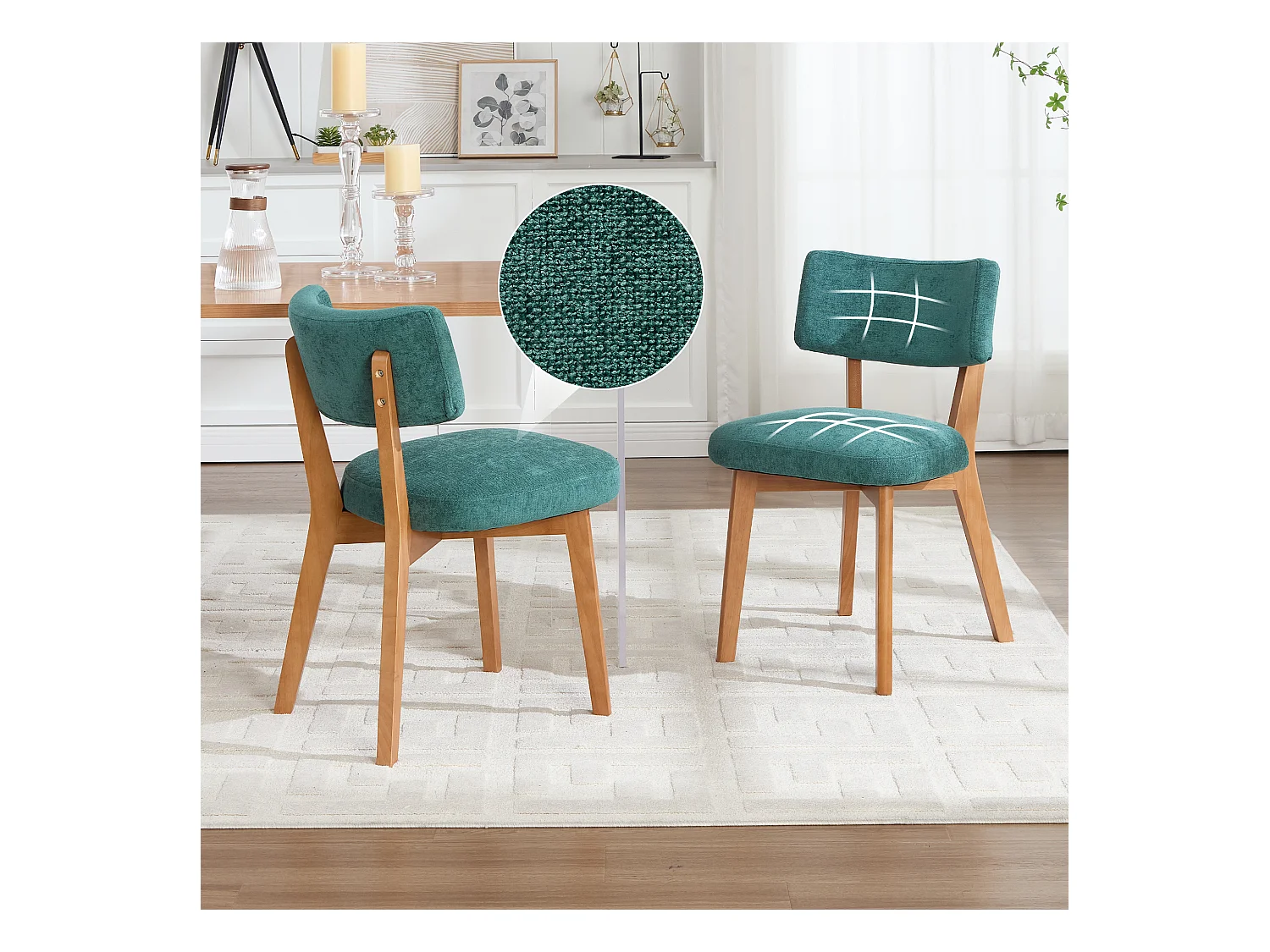 Set van 2 eetkamerstoelen - Stoelen met gewatteerde rugleuningen en massief houten poten - groen linnen