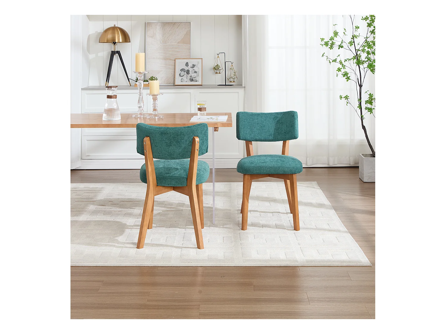 Set van 2 eetkamerstoelen - Stoelen met gewatteerde rugleuningen en massief houten poten - groen linnen