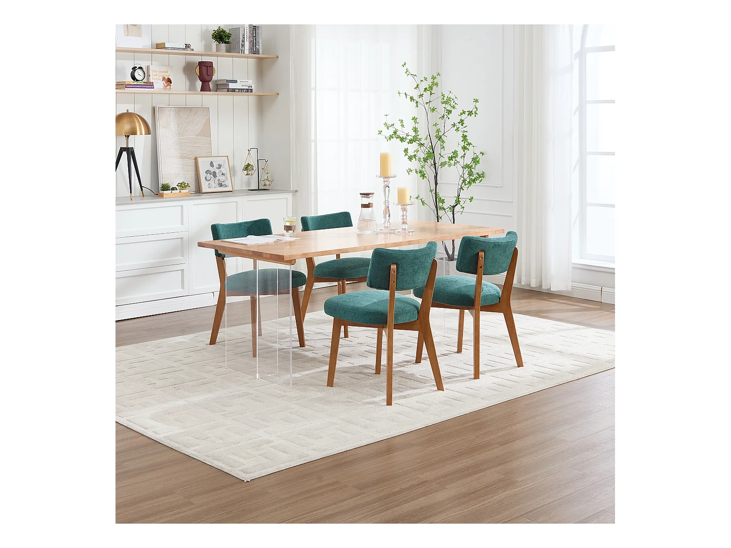 Set van 2 eetkamerstoelen - Stoelen met gewatteerde rugleuningen en massief houten poten - groen linnen