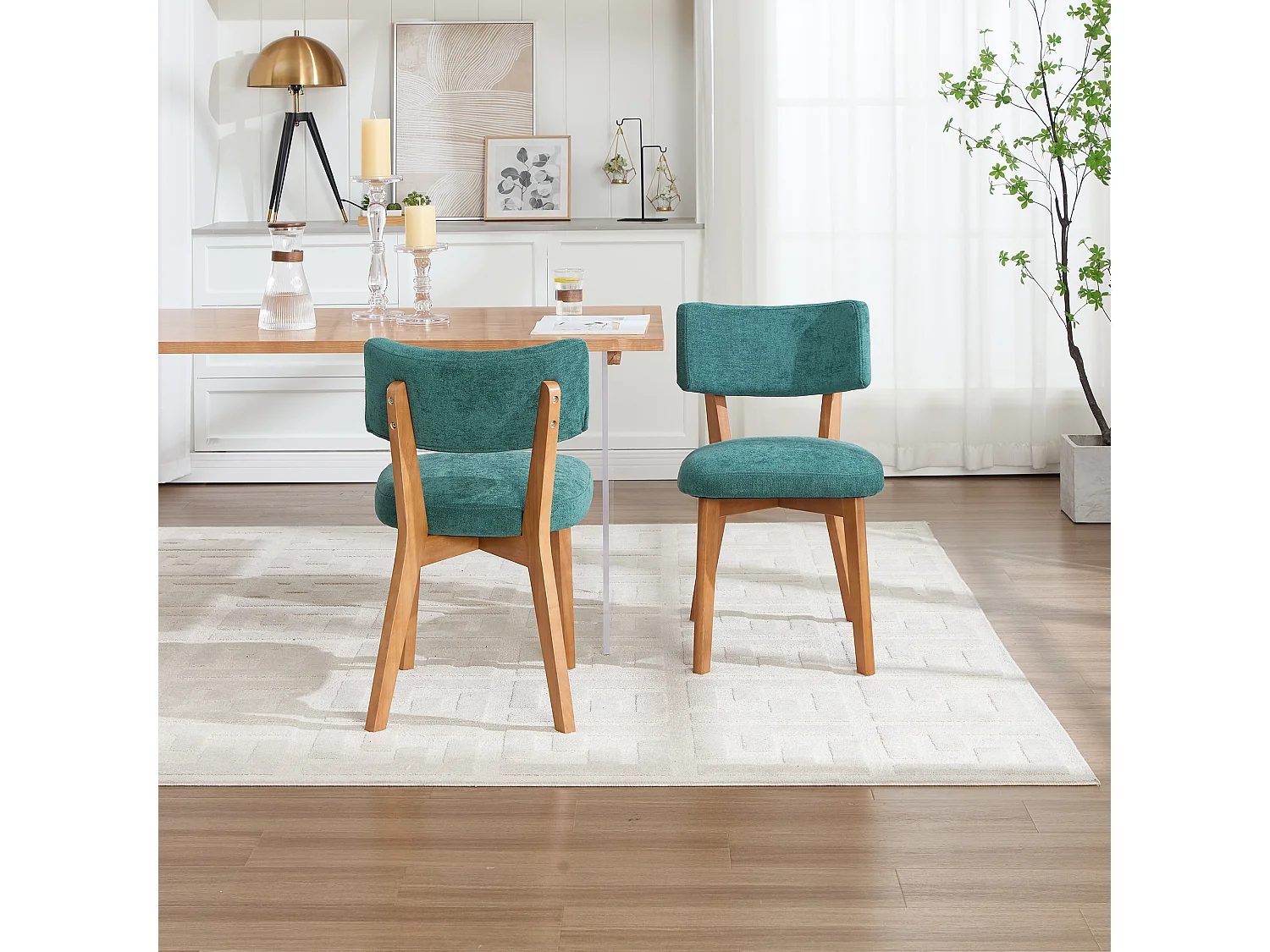 Conjunto de 2 cadeiras de jantar - Cadeiras com encosto almofadado e pernas em madeira maciça - linho verde