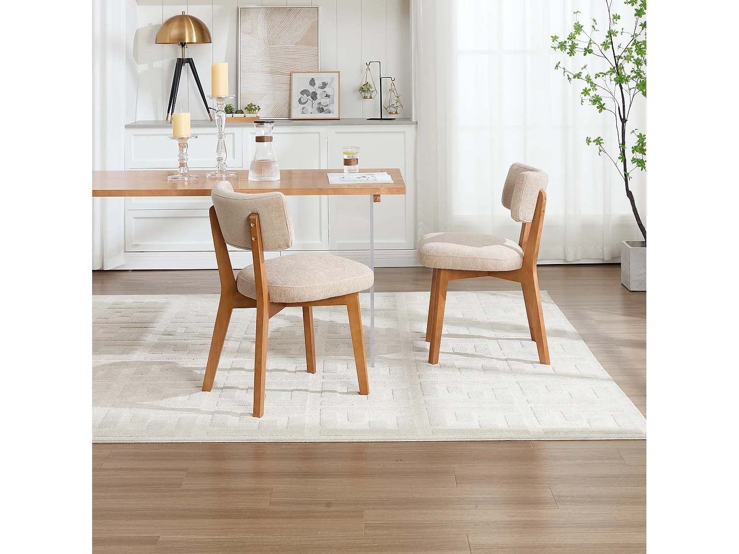 Juego de 2 sillas de comedor - Sillas con respaldo acolchado y patas de madera maciza - lino caqui