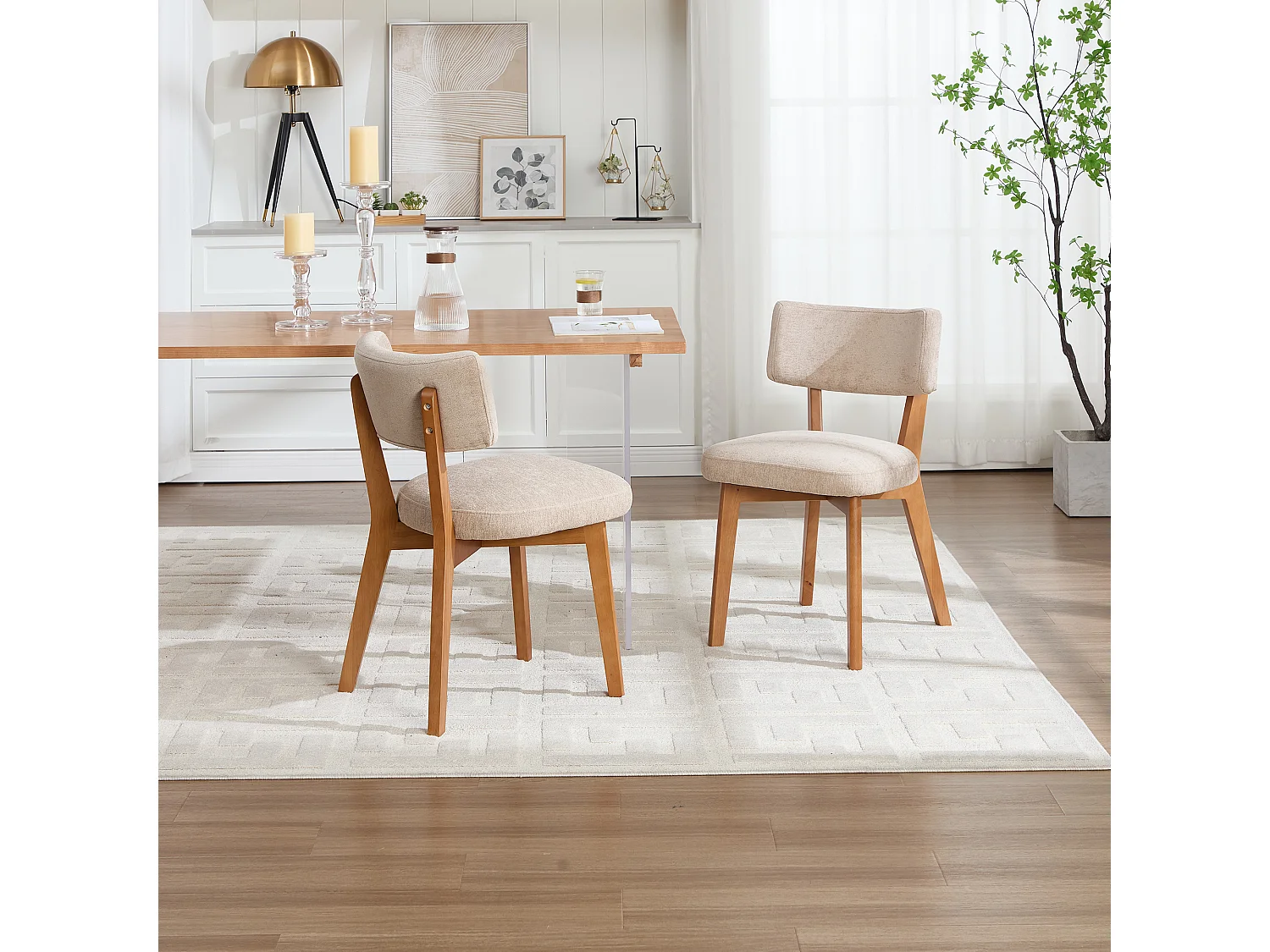 Juego de 2 sillas de comedor - Sillas con respaldo acolchado y patas de madera maciza - lino caqui