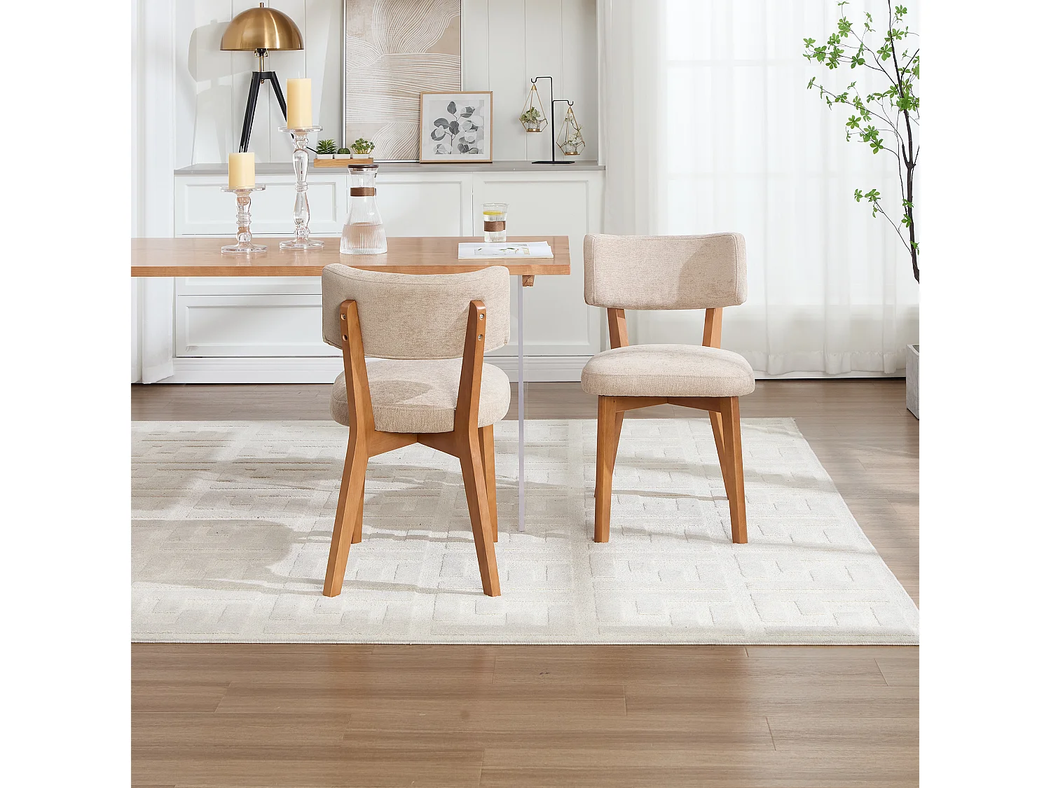 Juego de 2 sillas de comedor - Sillas con respaldo acolchado y patas de madera maciza - lino caqui