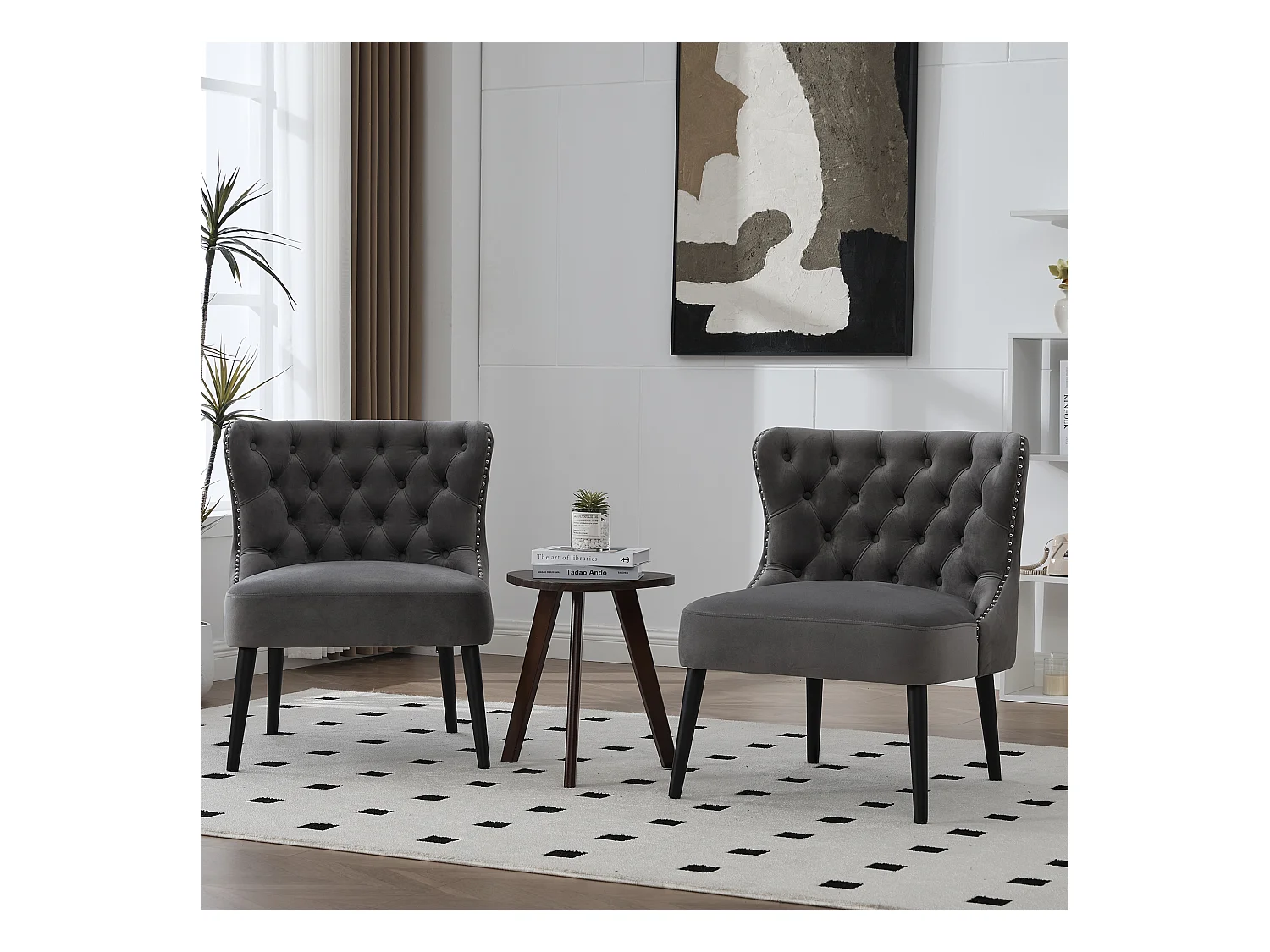 Grijze stoel - Stoel met geklonken afwerking en massief houten poten - fluweel