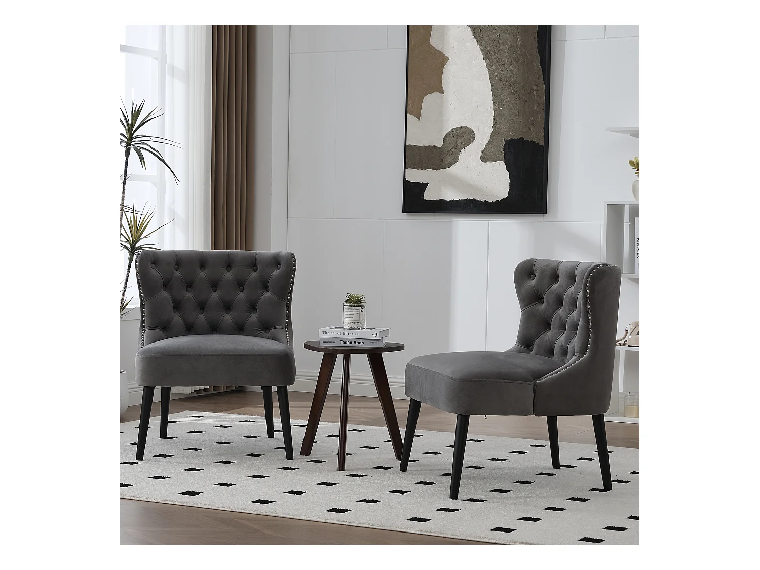 Grijze stoel - Stoel met geklonken afwerking en massief houten poten - fluweel