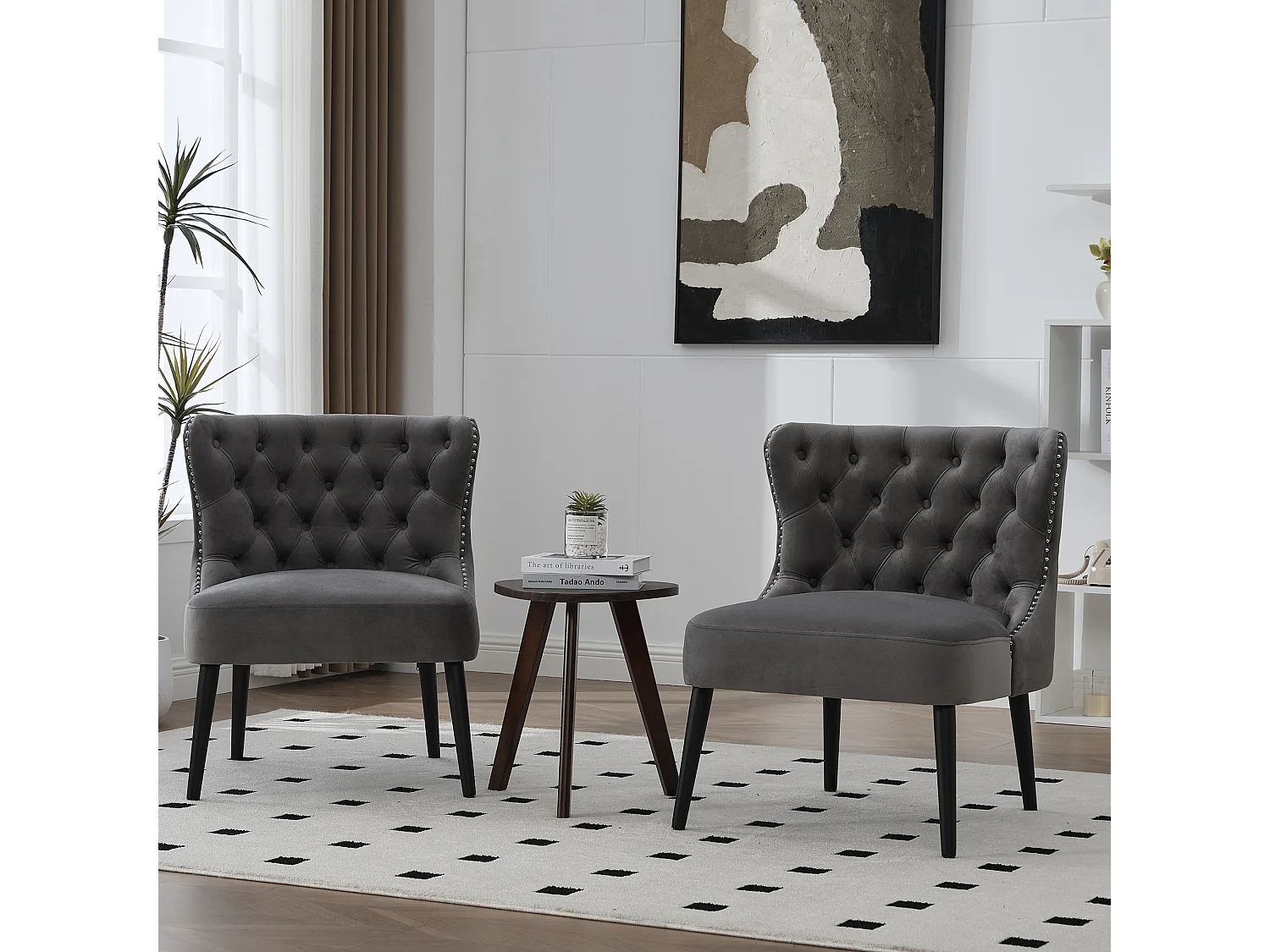 Chaise gris - Chaise avec finition rivetée et pieds en bois massif - velours