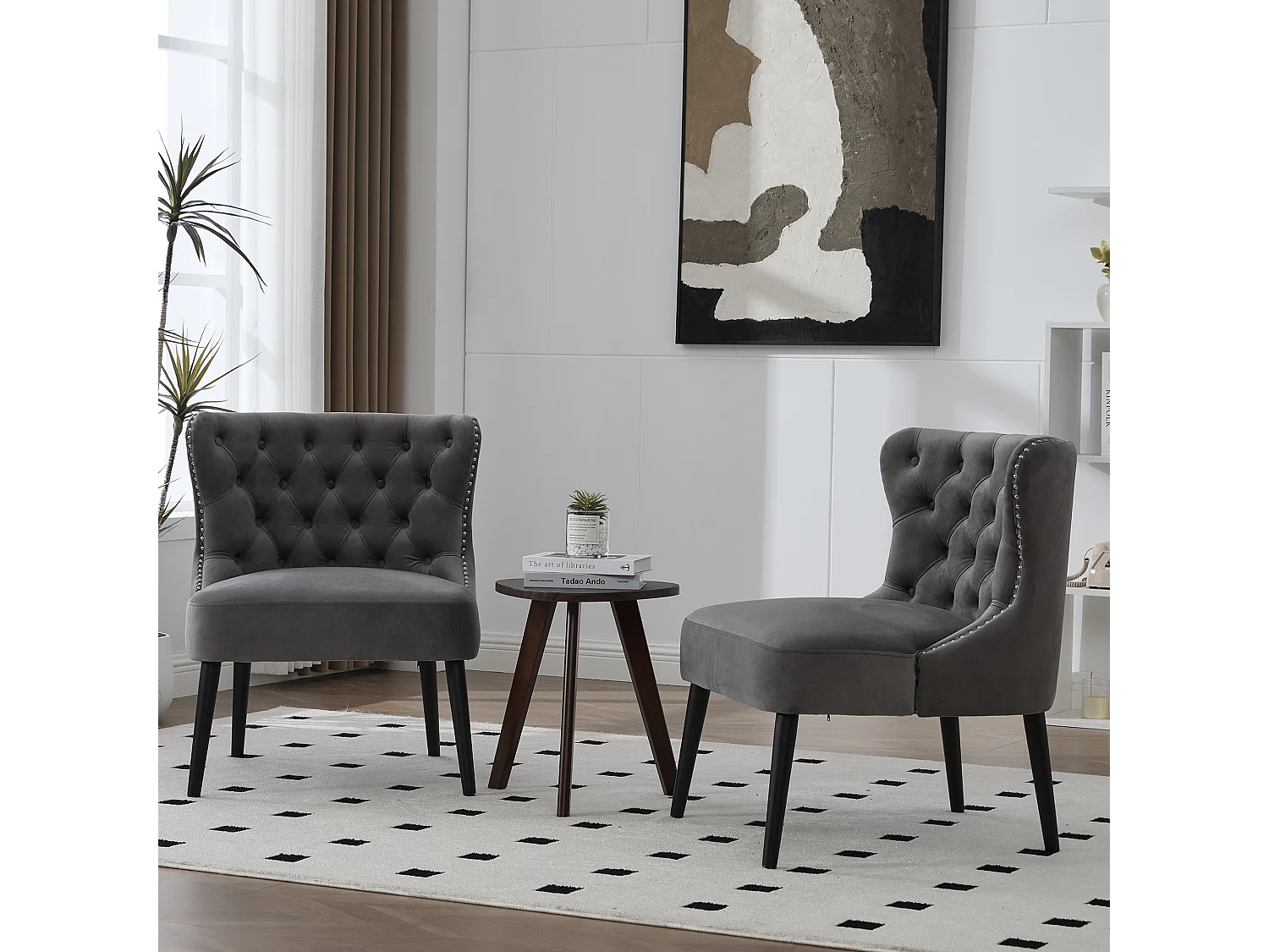 Chaise gris - Chaise avec finition rivetée et pieds en bois massif - velours