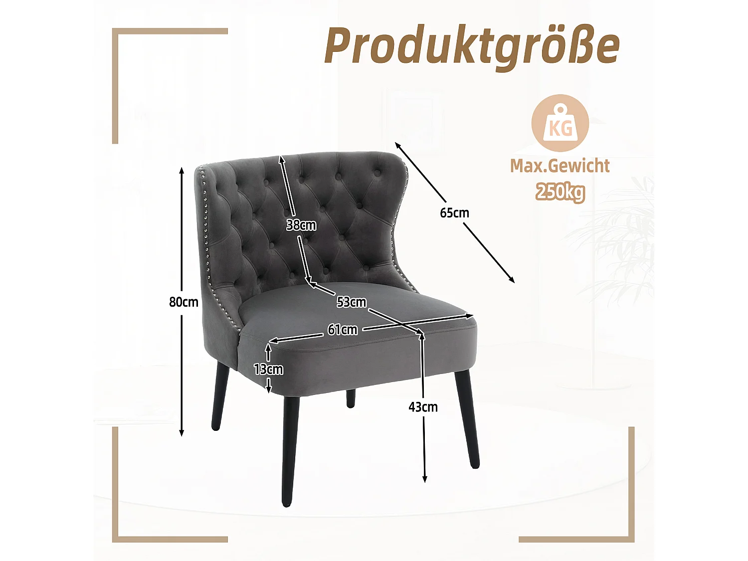 Chaise gris - Chaise avec finition rivetée et pieds en bois massif - velours