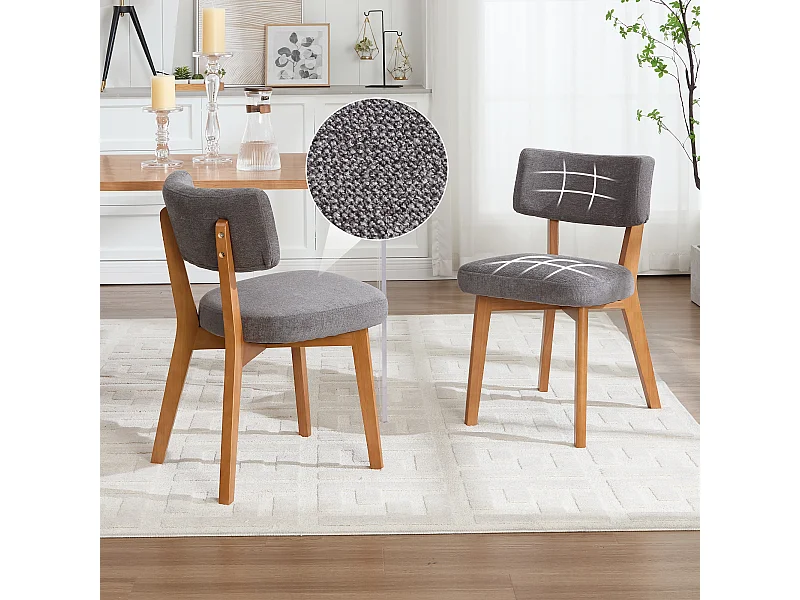 2er-Set Esszimmerstühle - Stühle mit gepolsterter Rückenlehne und Beinen aus Massivholz - graues Leinen