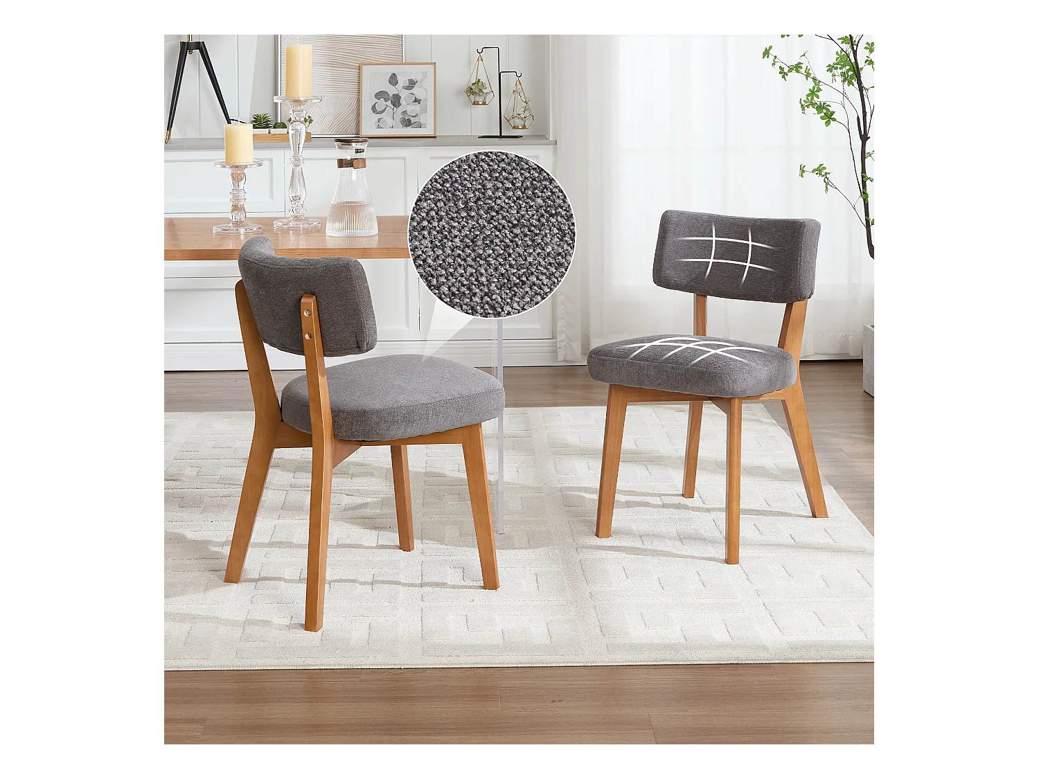 2er-Set Esszimmerstühle - Stühle mit gepolsterter Rückenlehne und Beinen aus Massivholz - graues Leinen