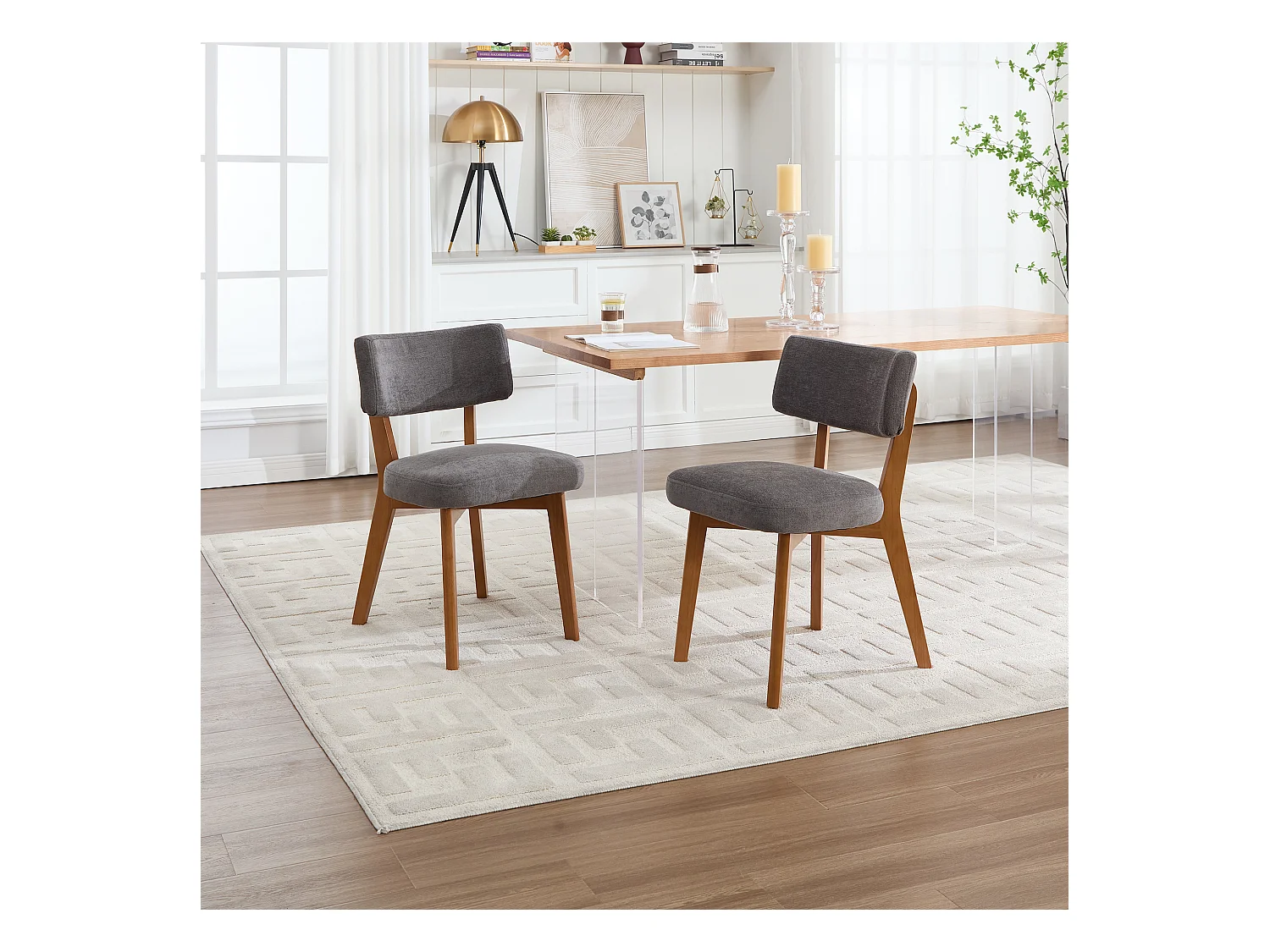 2er-Set Esszimmerstühle - Stühle mit gepolsterter Rückenlehne und Beinen aus Massivholz - graues Leinen