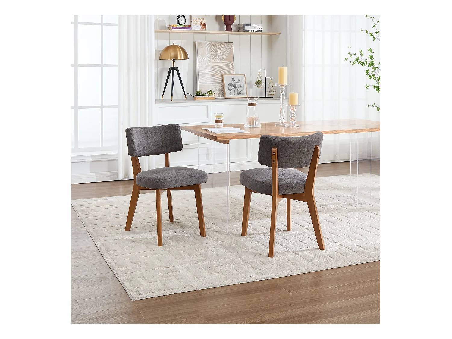 2er-Set Esszimmerstühle - Stühle mit gepolsterter Rückenlehne und Beinen aus Massivholz - graues Leinen
