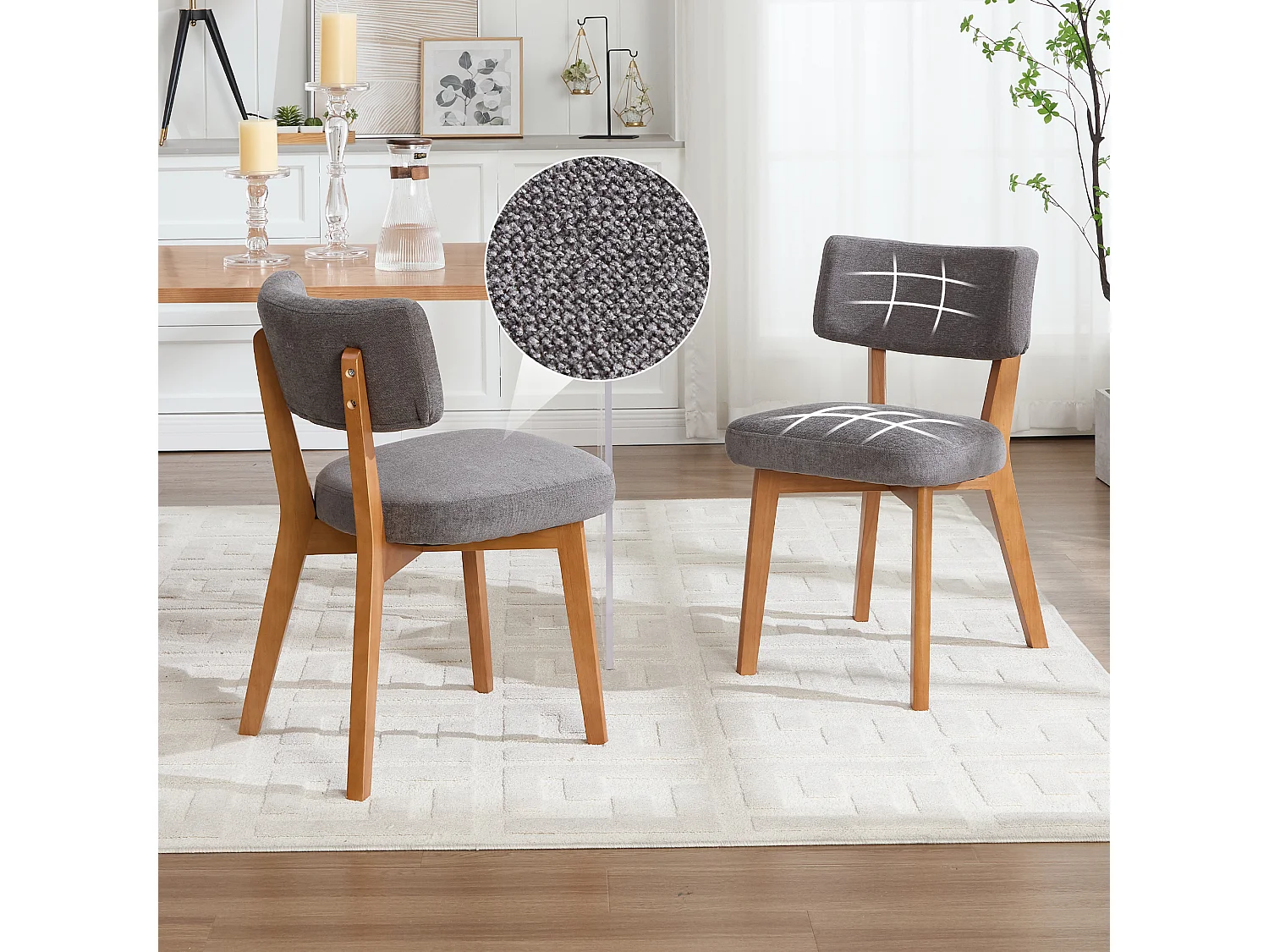 Conjunto de 2 cadeiras de jantar - Cadeiras com encosto almofadado e pernas em madeira maciça - linho cinza