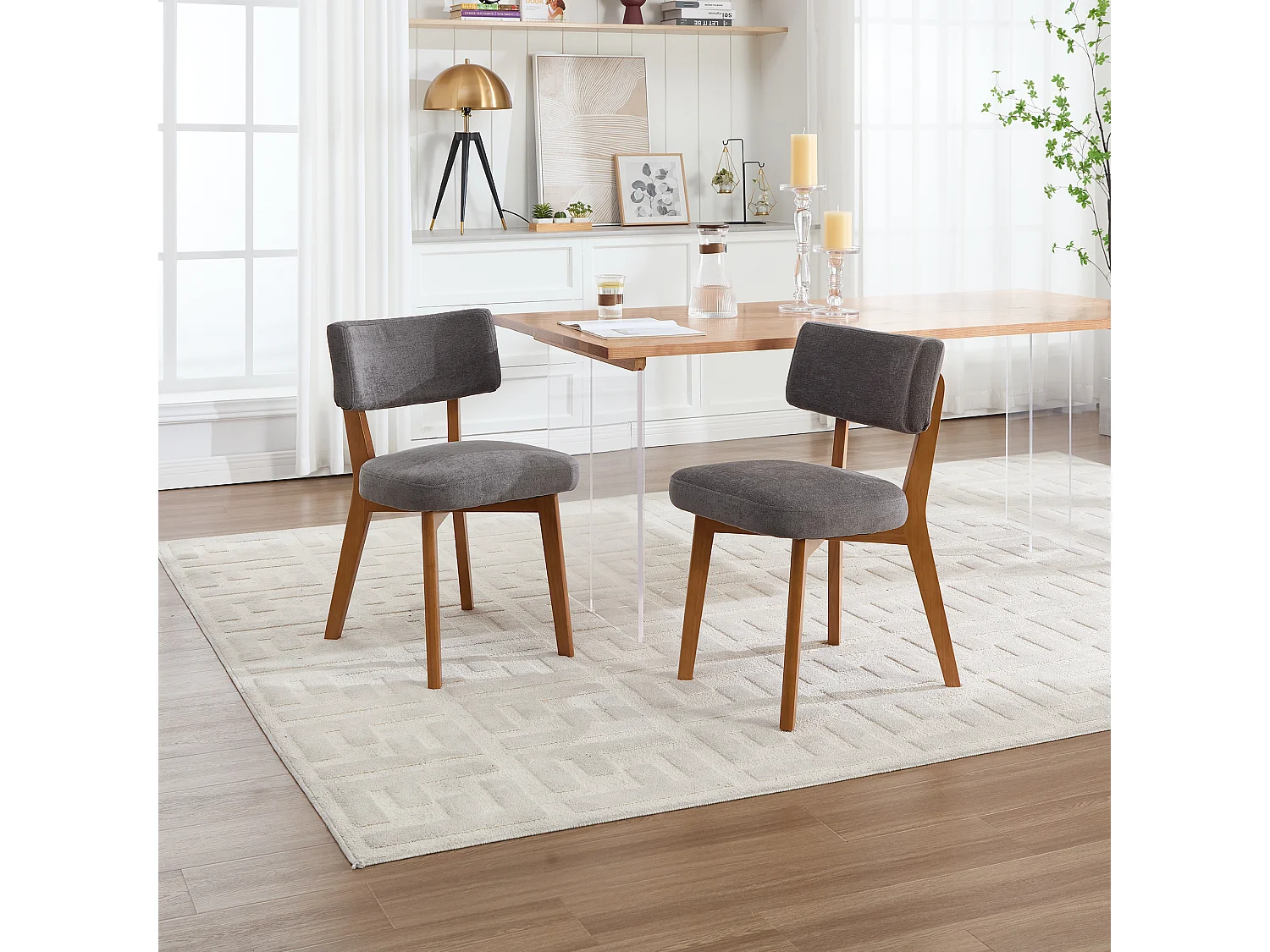 Conjunto de 2 cadeiras de jantar - Cadeiras com encosto almofadado e pernas em madeira maciça - linho cinza