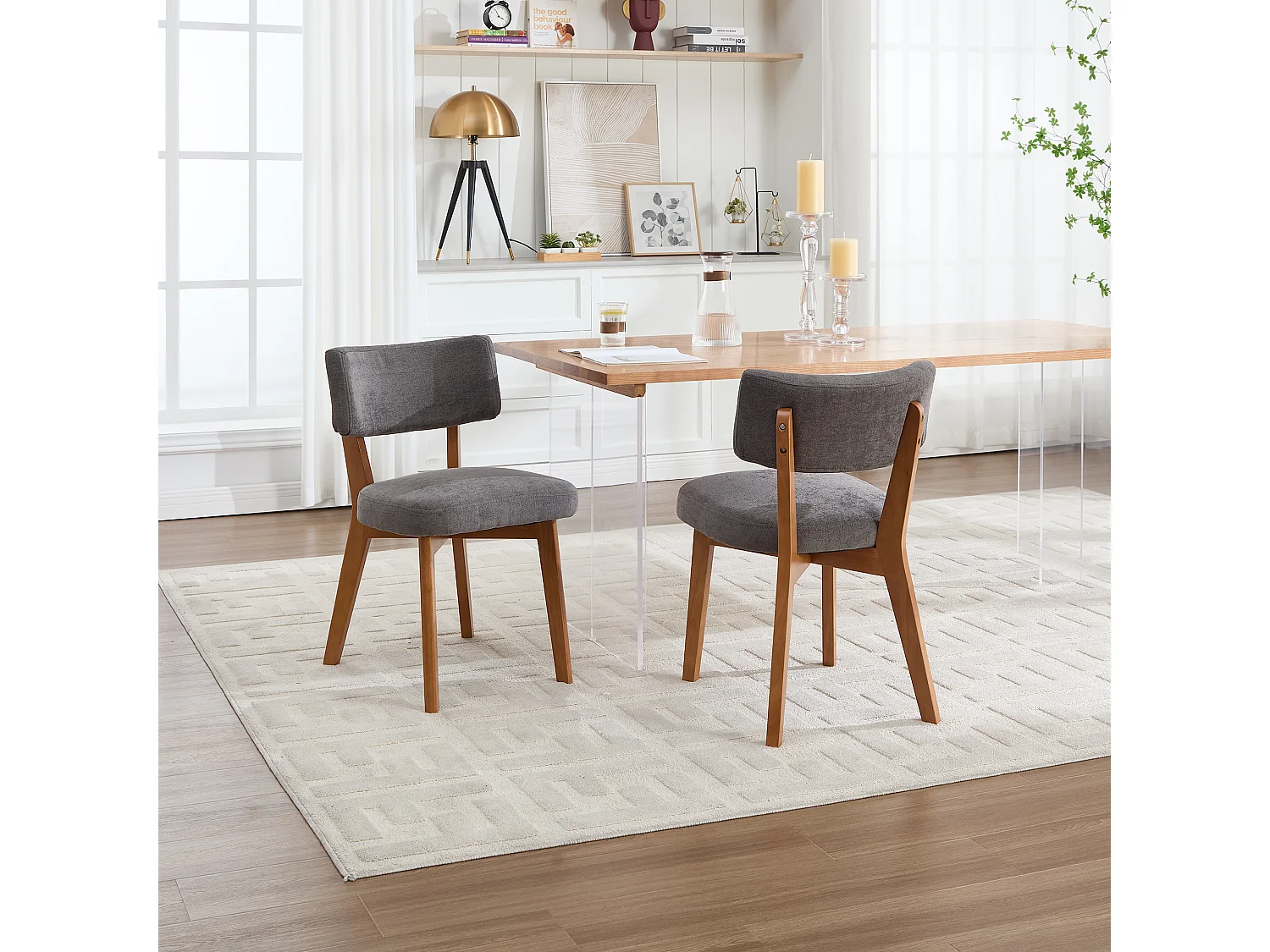 Conjunto de 2 cadeiras de jantar - Cadeiras com encosto almofadado e pernas em madeira maciça - linho cinza