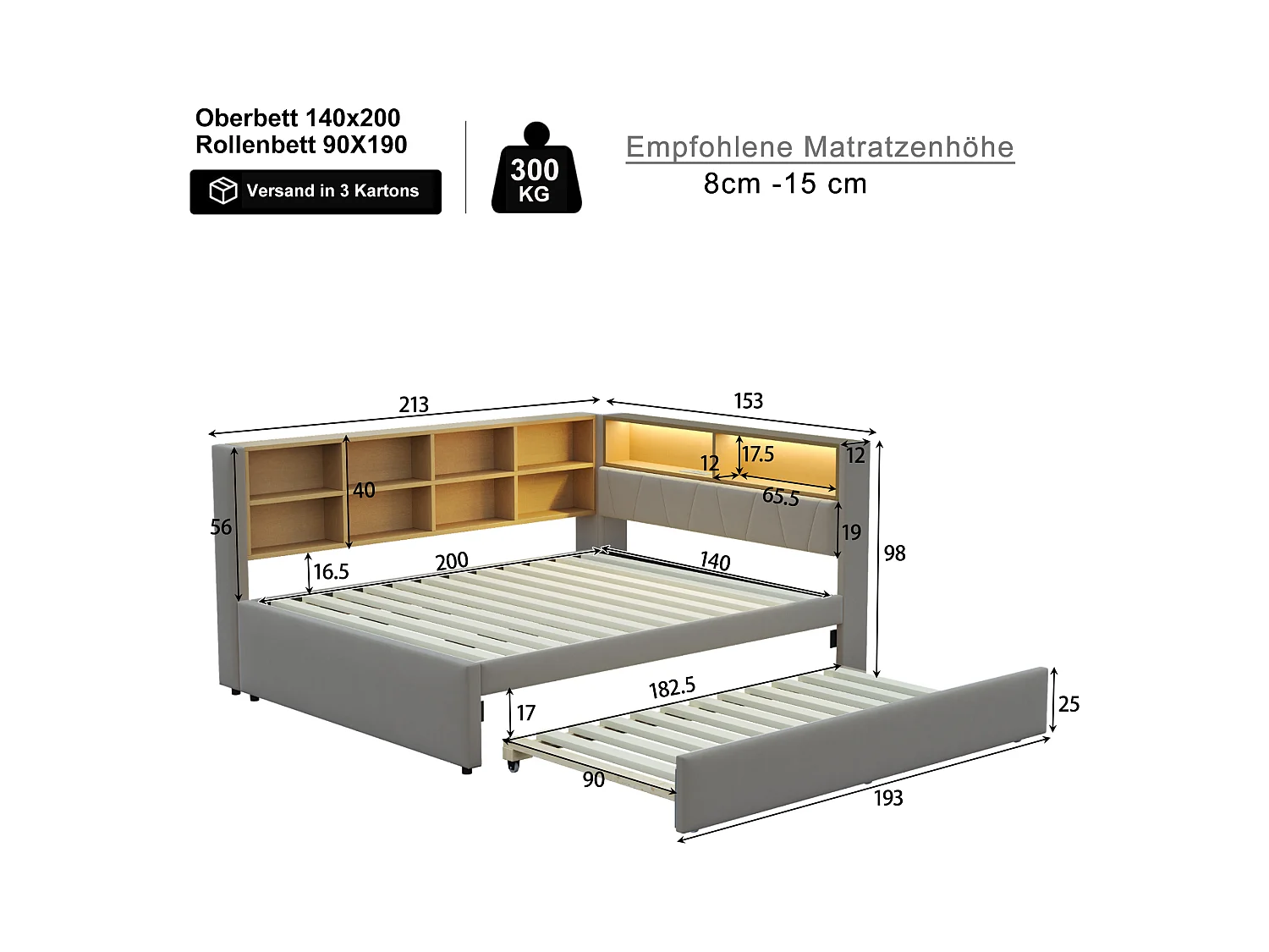 Łóżko dzienne 140 x 200 cm - łóżko wysuwane 90 x 190 cm z oświetleniem LED i dużą ilością miejsca do przechowywania - ciemnoszara flanela
