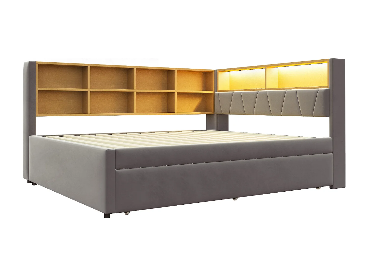 Lit banquette 140 x 200 cm - Lit gigogne 90 x 190 cm avec éclairage LED et nombreux rangements - flanelle gris foncé