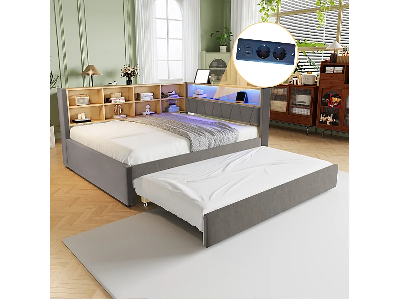 Sofá cama 140 x 200 cm - Cama nido 90 x 190 cm con iluminación LED y mucho espacio de almacenamiento - franela gris oscuro