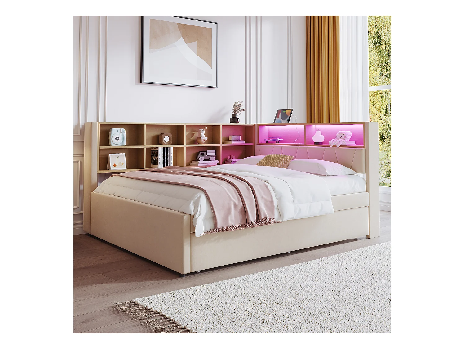 Daybed 140 x 200 cm - Uitschuifbed 90 x 190 cm met LED-verlichting en veel opbergruimte - beige flanel