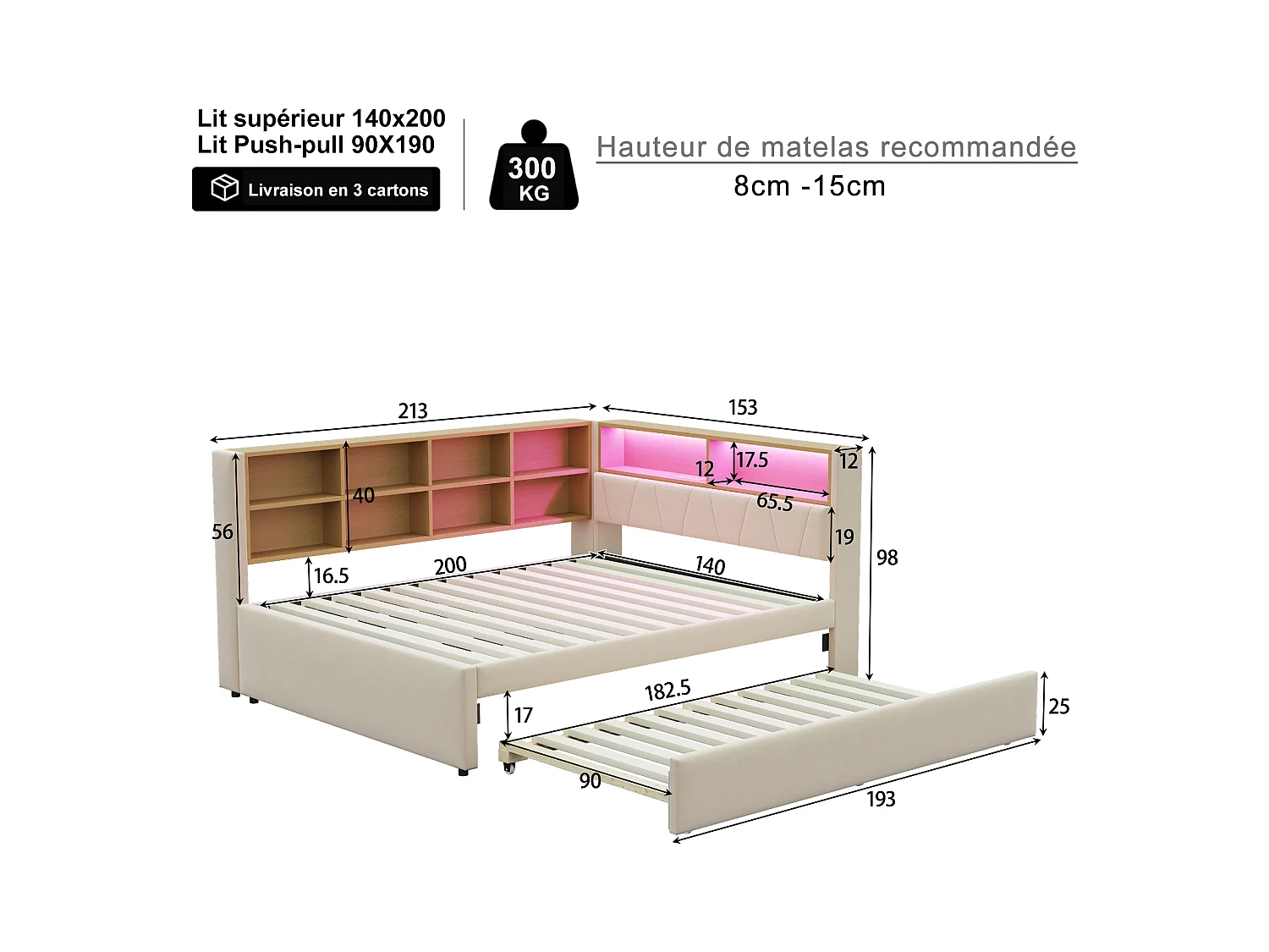 Daybed 140 x 200 cm - Uitschuifbed 90 x 190 cm met LED-verlichting en veel opbergruimte - beige flanel