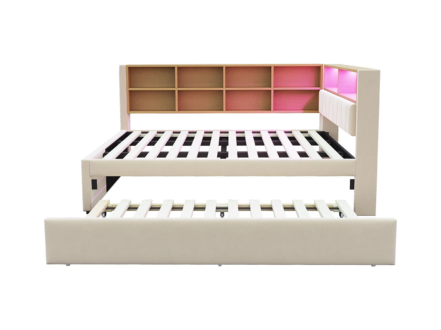 Daybed 140 x 200 cm - Uitschuifbed 90 x 190 cm met LED-verlichting en veel opbergruimte - beige flanel