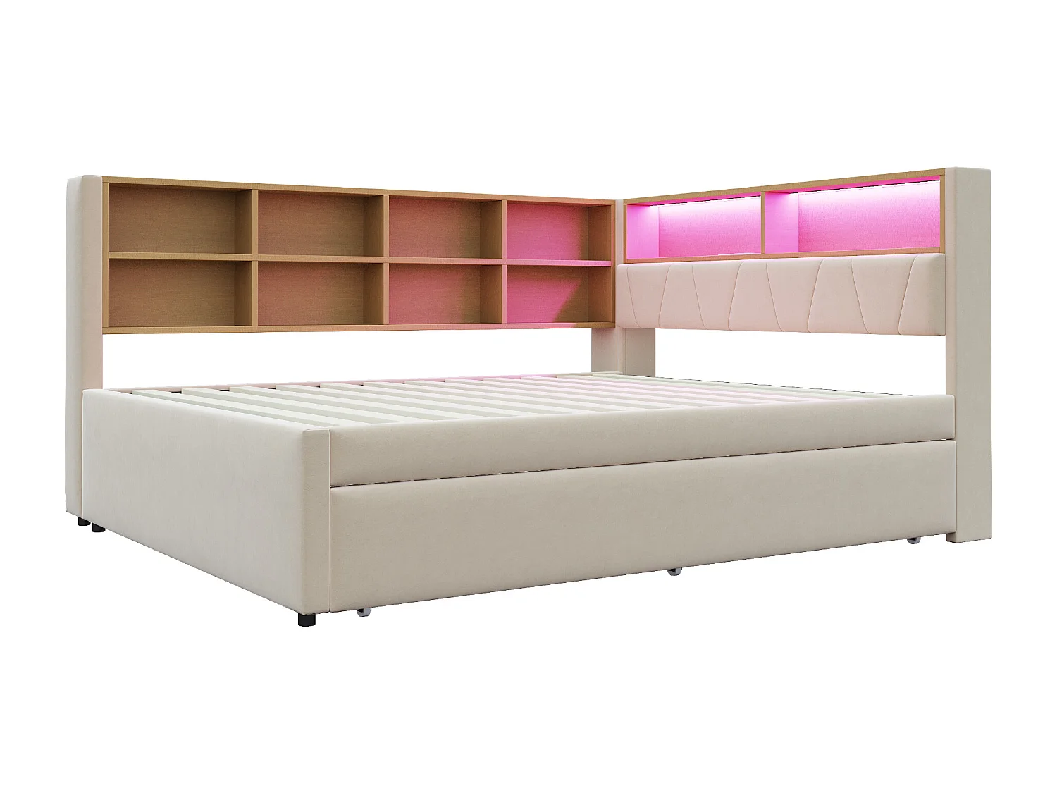 Daybed 140 x 200 cm - Uitschuifbed 90 x 190 cm met LED-verlichting en veel opbergruimte - beige flanel