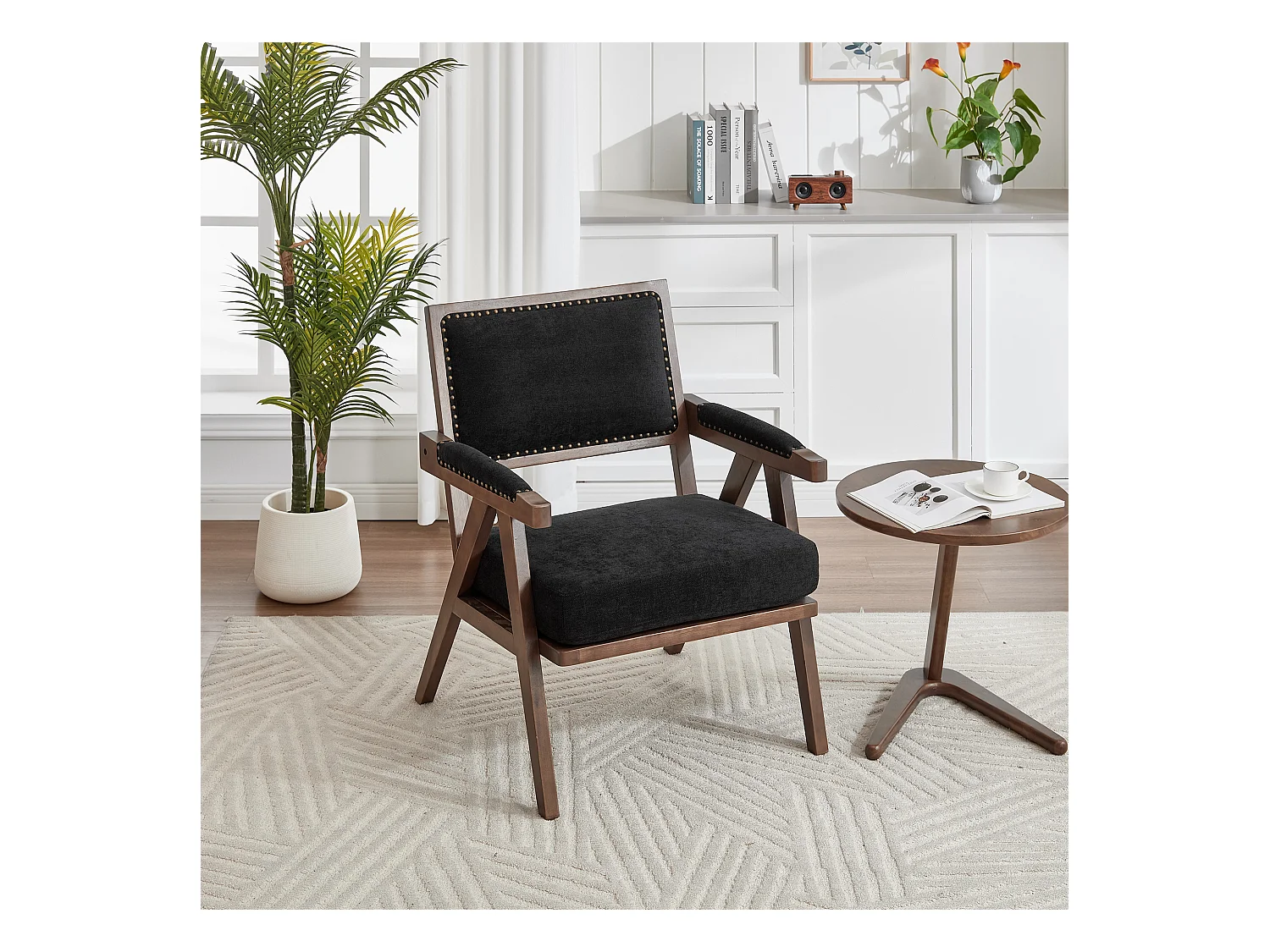 Fauteuil droit avec accoudoirs - Fauteuil avec coussins et dossier - lin noir