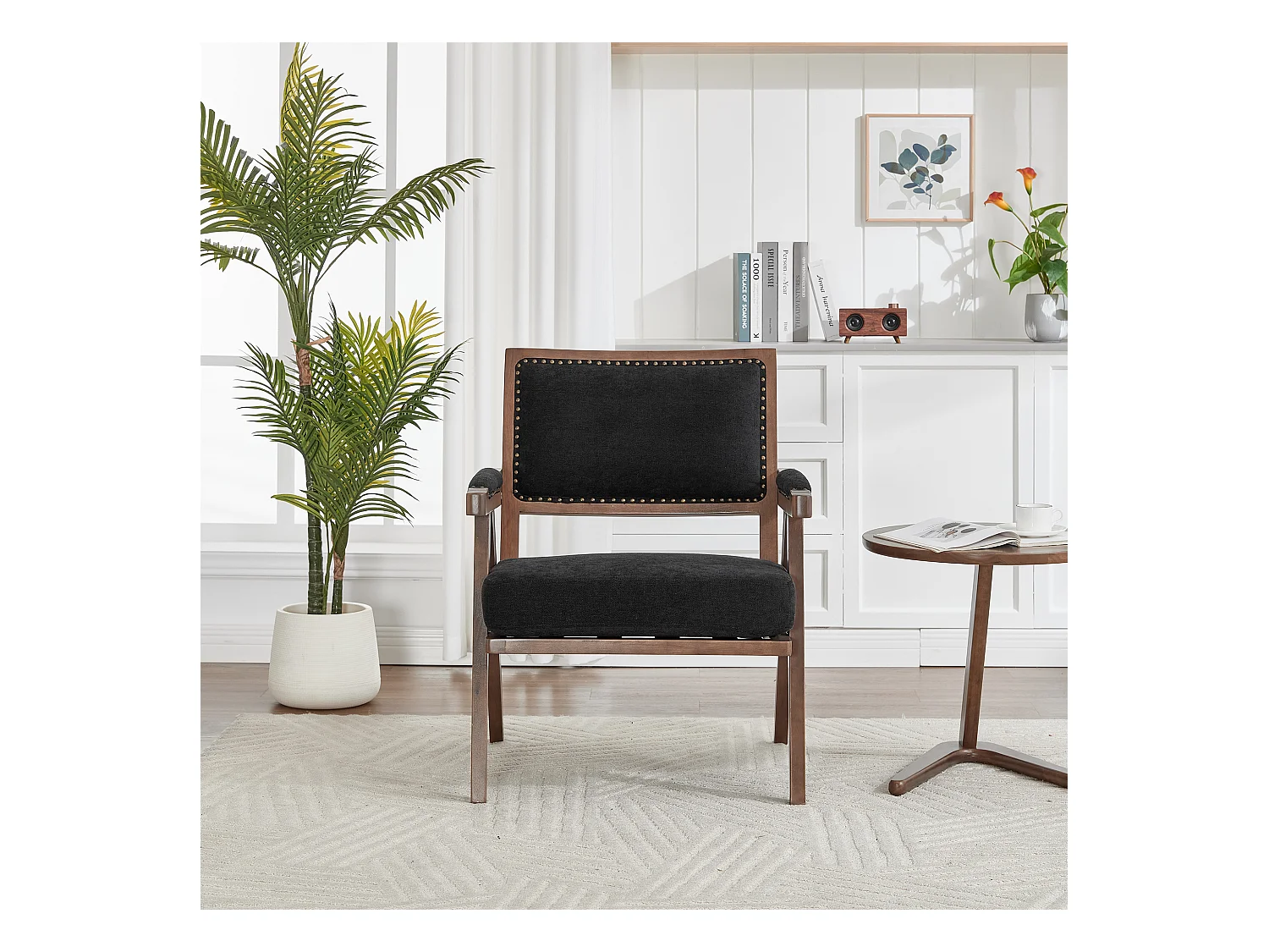 Fauteuil droit avec accoudoirs - Fauteuil avec coussins et dossier - lin noir