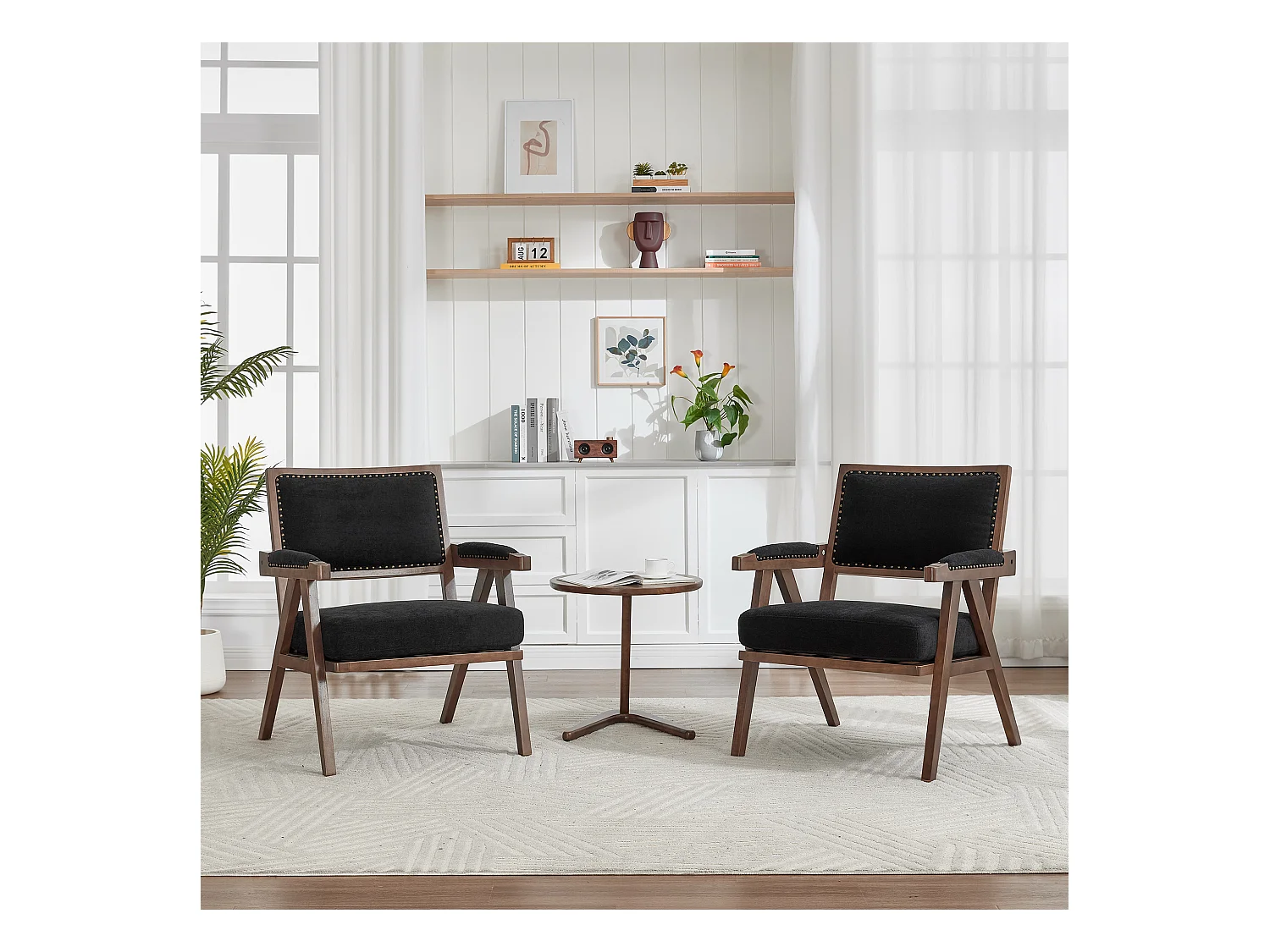 Fauteuil droit avec accoudoirs - Fauteuil avec coussins et dossier - lin noir