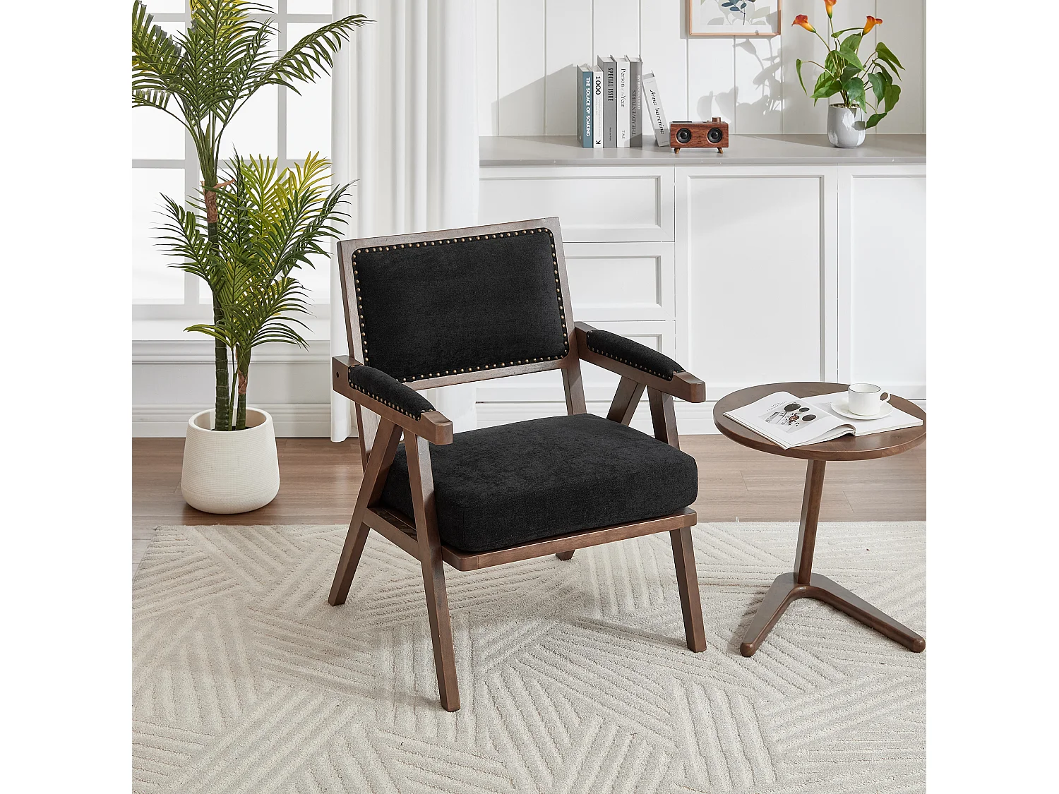 Fauteuil droit avec accoudoirs - Fauteuil avec coussins et dossier - lin noir