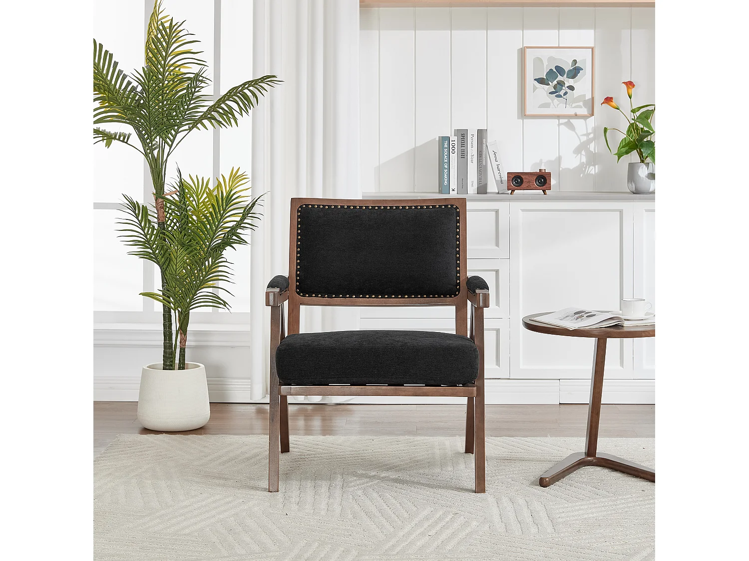 Fauteuil droit avec accoudoirs - Fauteuil avec coussins et dossier - lin noir