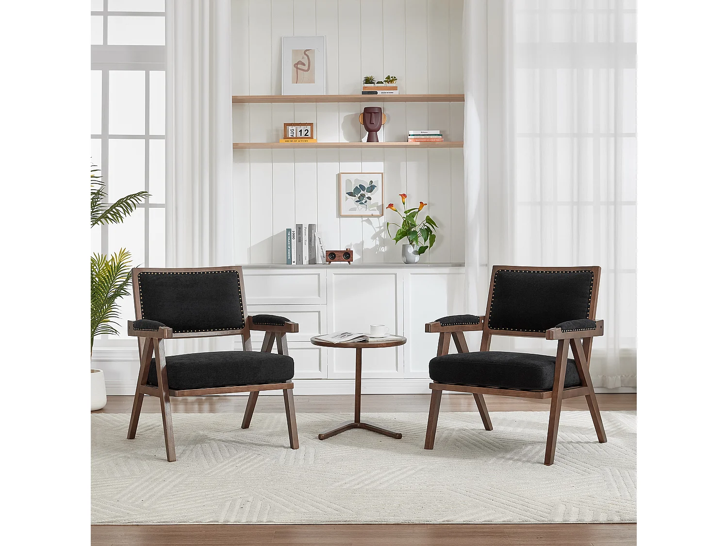 Fauteuil droit avec accoudoirs - Fauteuil avec coussins et dossier - lin noir