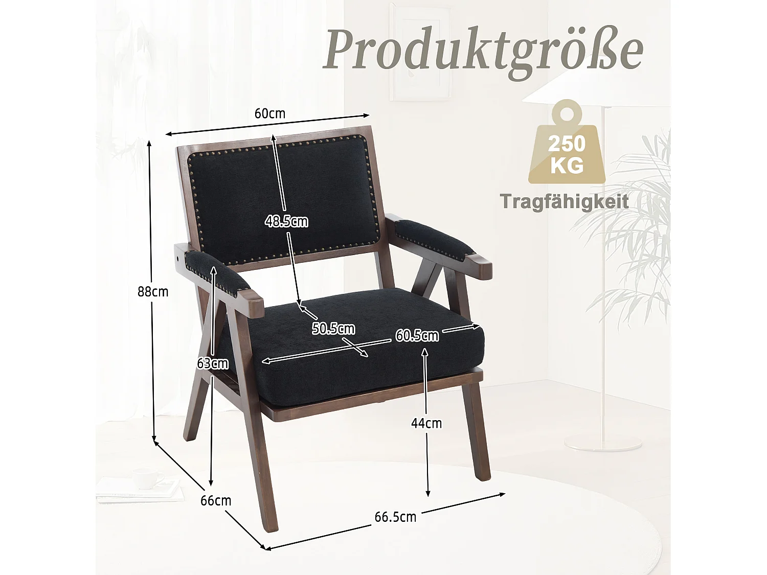 Fauteuil droit avec accoudoirs - Fauteuil avec coussins et dossier - lin noir