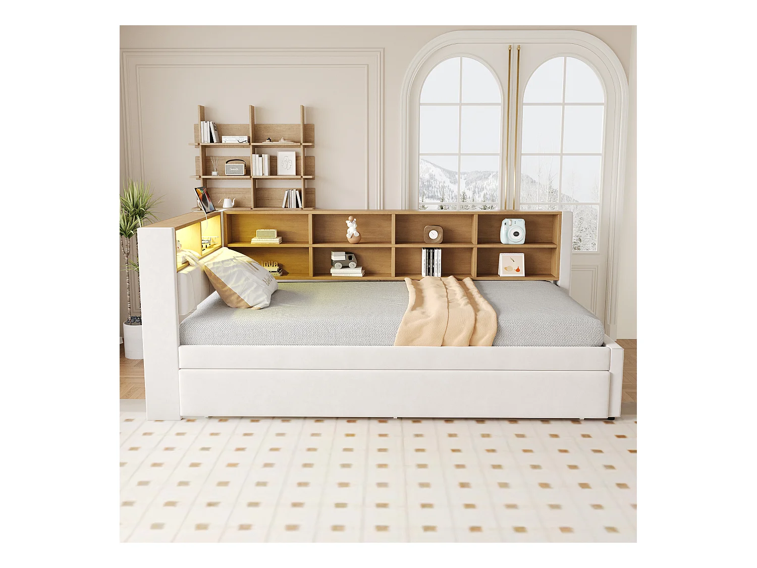 Łóżko dzienne 90 x 200 cm - Łóżko wysuwane 90 x 190 cm z oświetleniem LED i dużą ilością miejsca do przechowywania - beżowa flanela