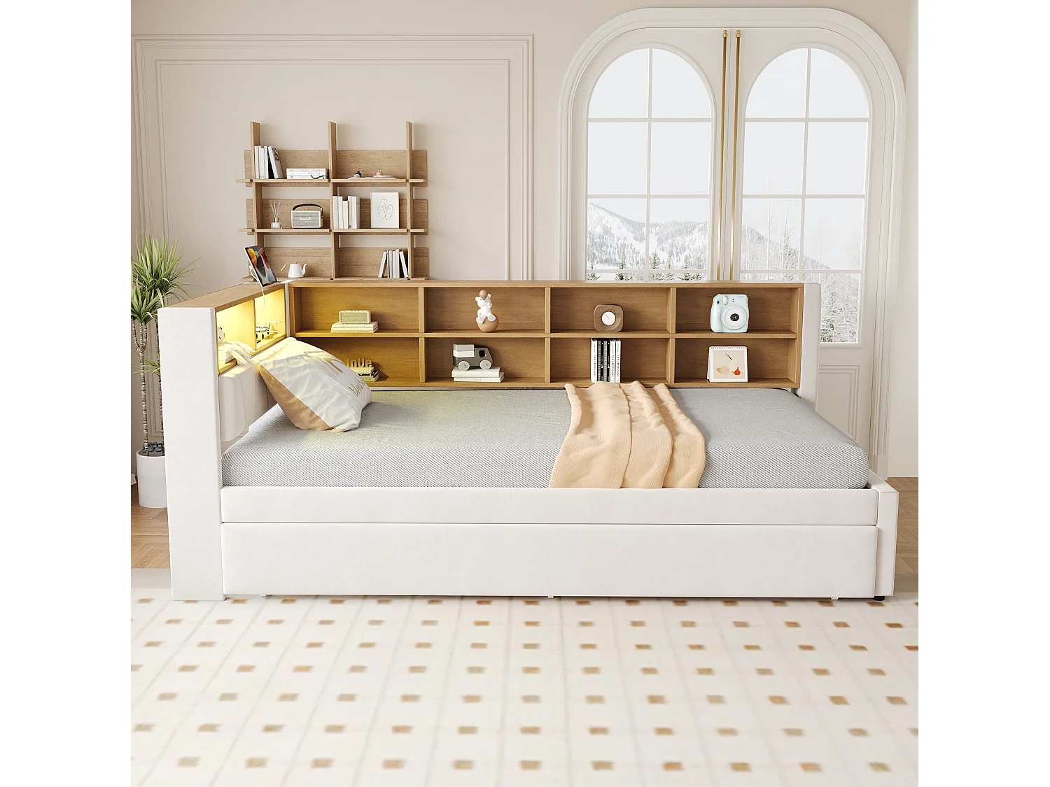 Lit banquette 90 x 200 cm - Lit gigogne 90 x 190 cm avec éclairage LED et nombreux rangements - flanelle beige