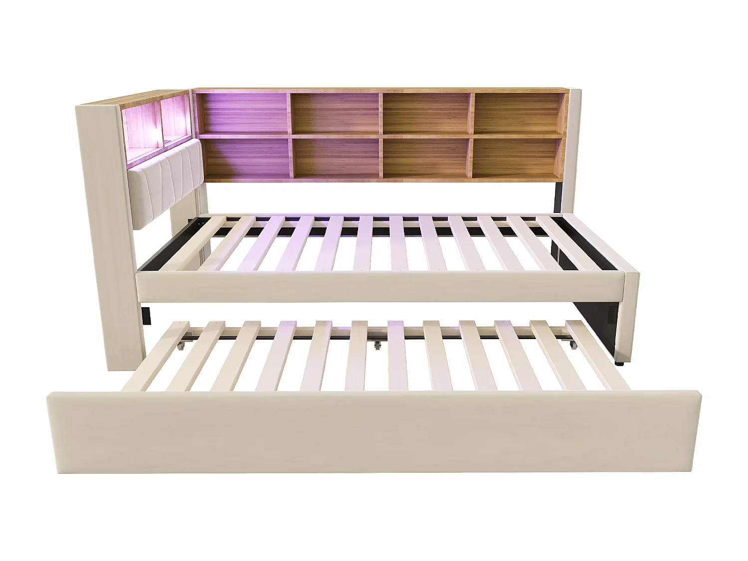 Lit banquette 90 x 200 cm - Lit gigogne 90 x 190 cm avec éclairage LED et nombreux rangements - flanelle beige