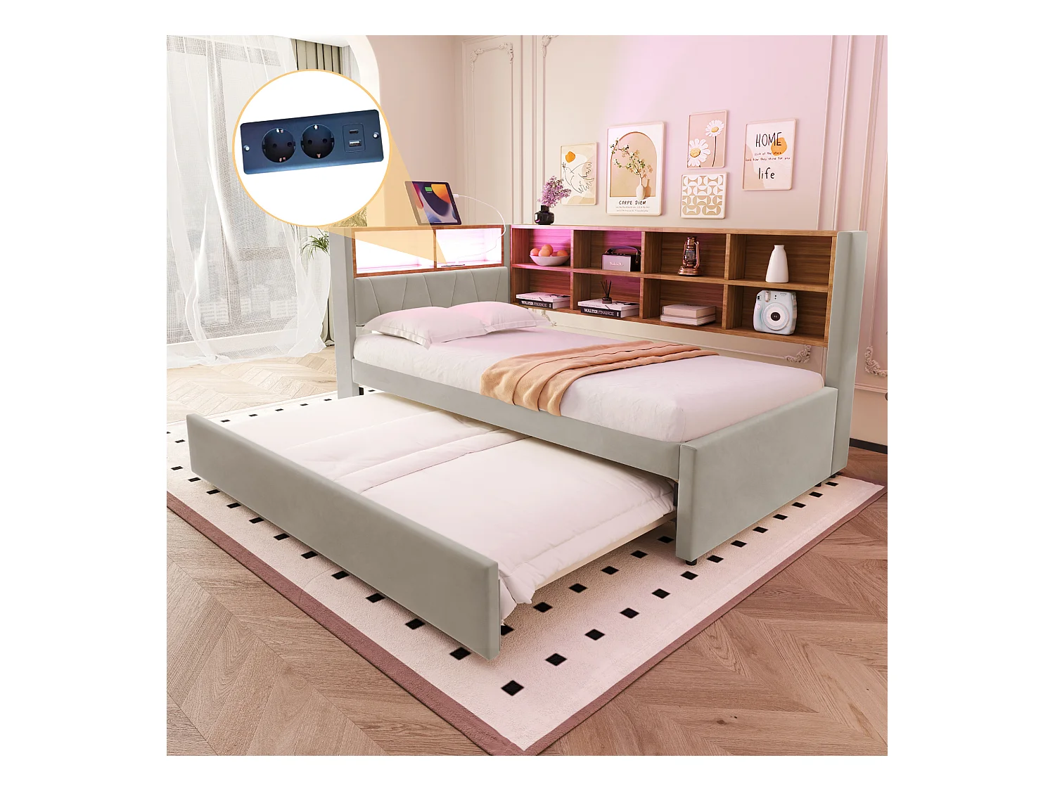 Lit banquette 90 x 200 cm - Lit gigogne 90 x 190 cm avec éclairage LED et nombreux rangements - flanelle gris clair