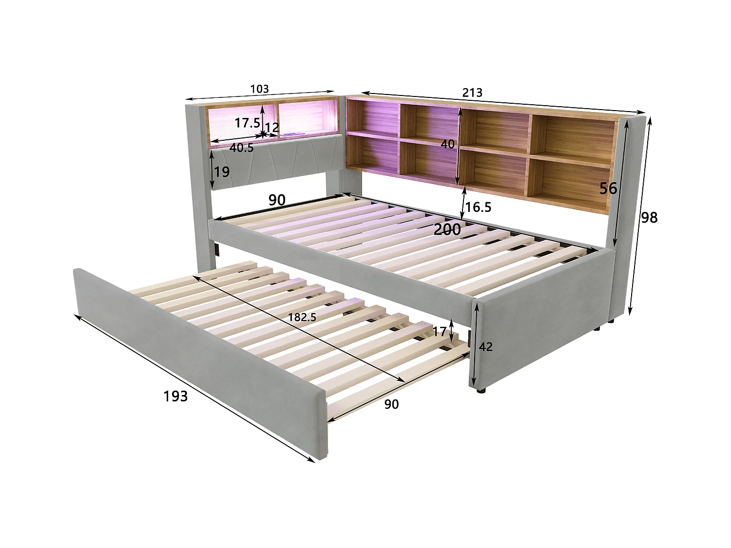 Lit banquette 90 x 200 cm - Lit gigogne 90 x 190 cm avec éclairage LED et nombreux rangements - flanelle gris clair