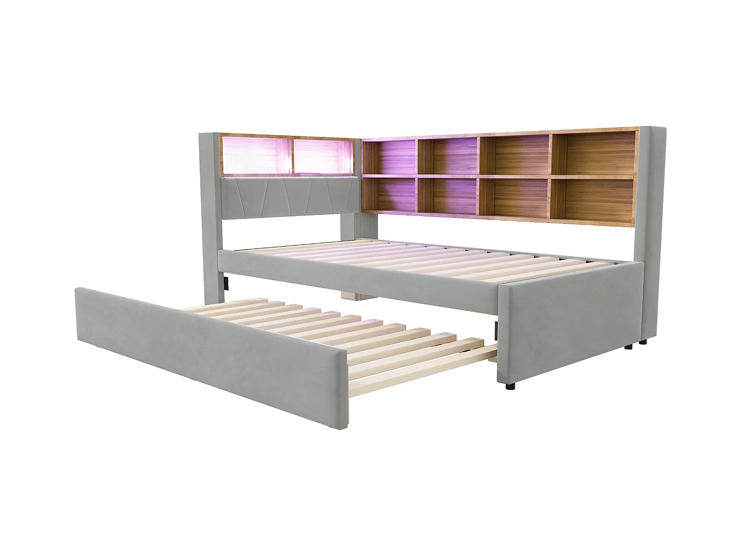 Lit banquette 90 x 200 cm - Lit gigogne 90 x 190 cm avec éclairage LED et nombreux rangements - flanelle gris clair