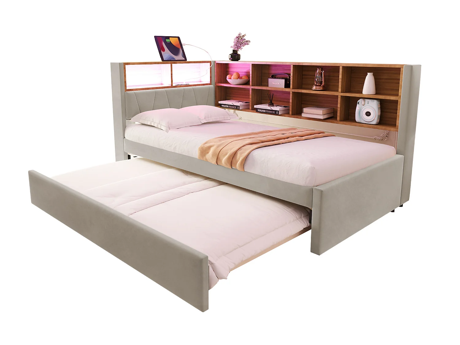 Lit banquette 90 x 200 cm - Lit gigogne 90 x 190 cm avec éclairage LED et nombreux rangements - flanelle gris clair