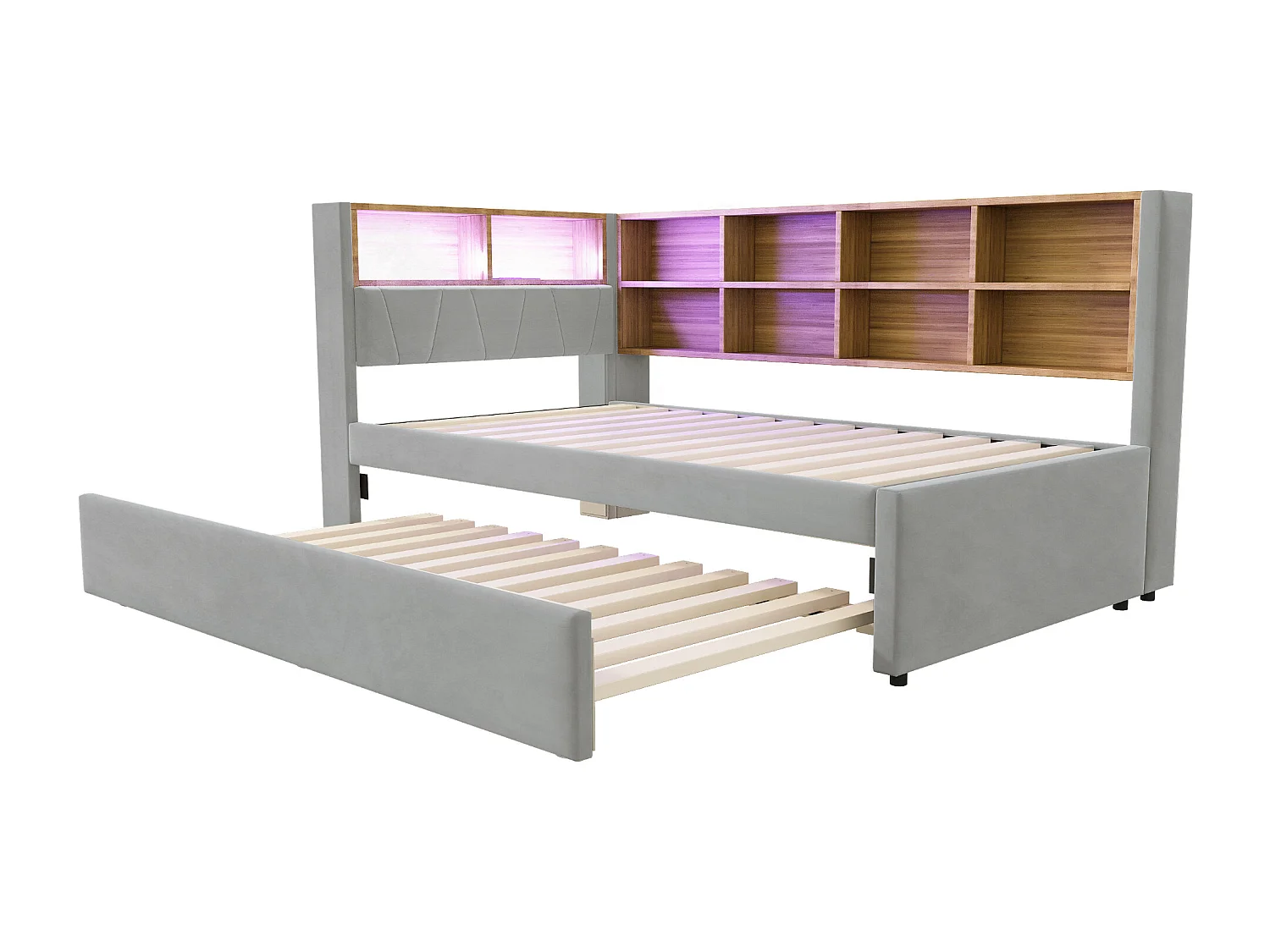 Daybed 90 x 200 cm - Uitschuifbed 90 x 190 cm met LED-verlichting en veel opbergruimte - lichtgrijs flanel
