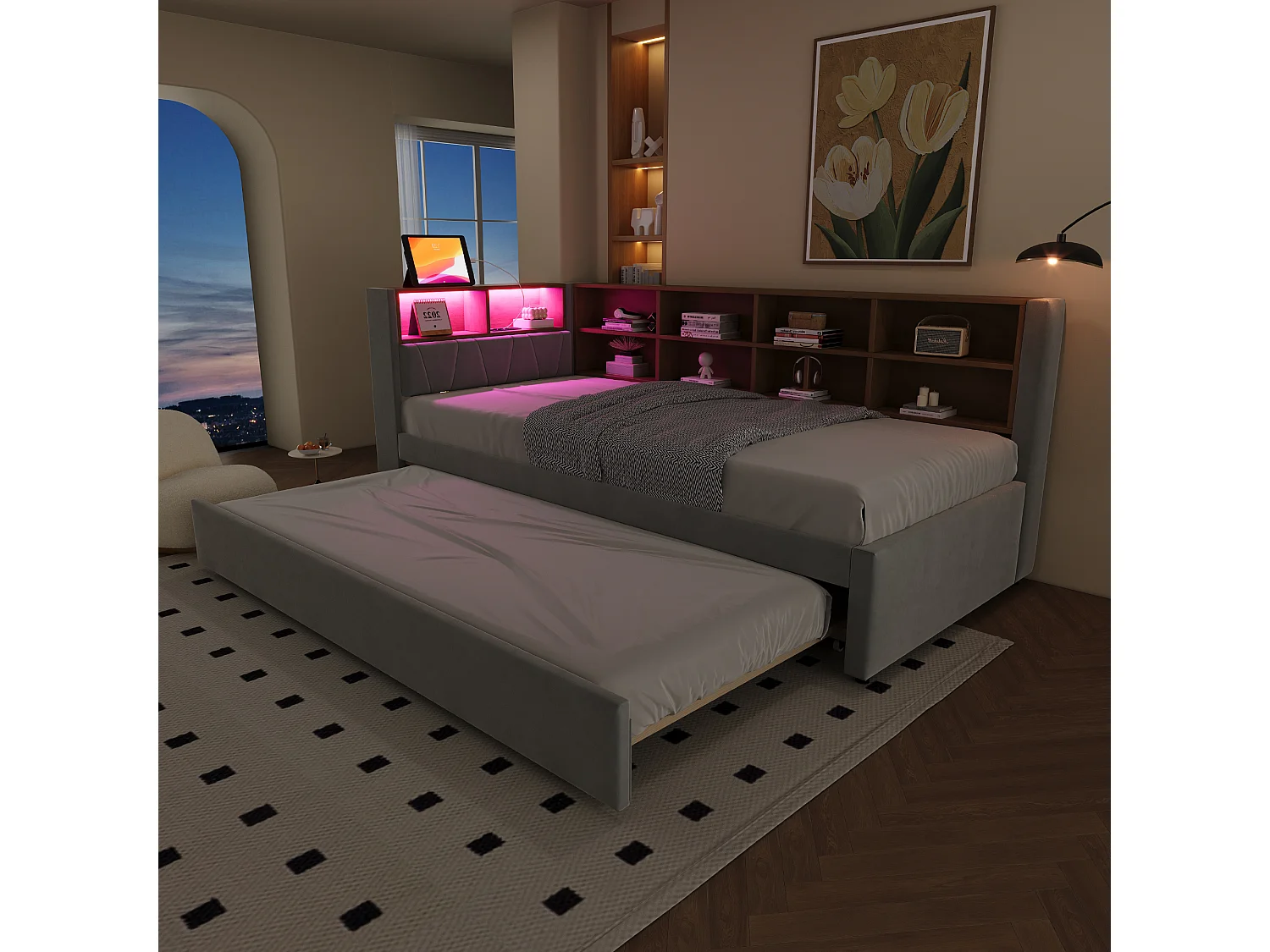 Lit banquette 90 x 200 cm - Lit gigogne 90 x 190 cm avec éclairage LED et nombreux rangements - flanelle gris clair