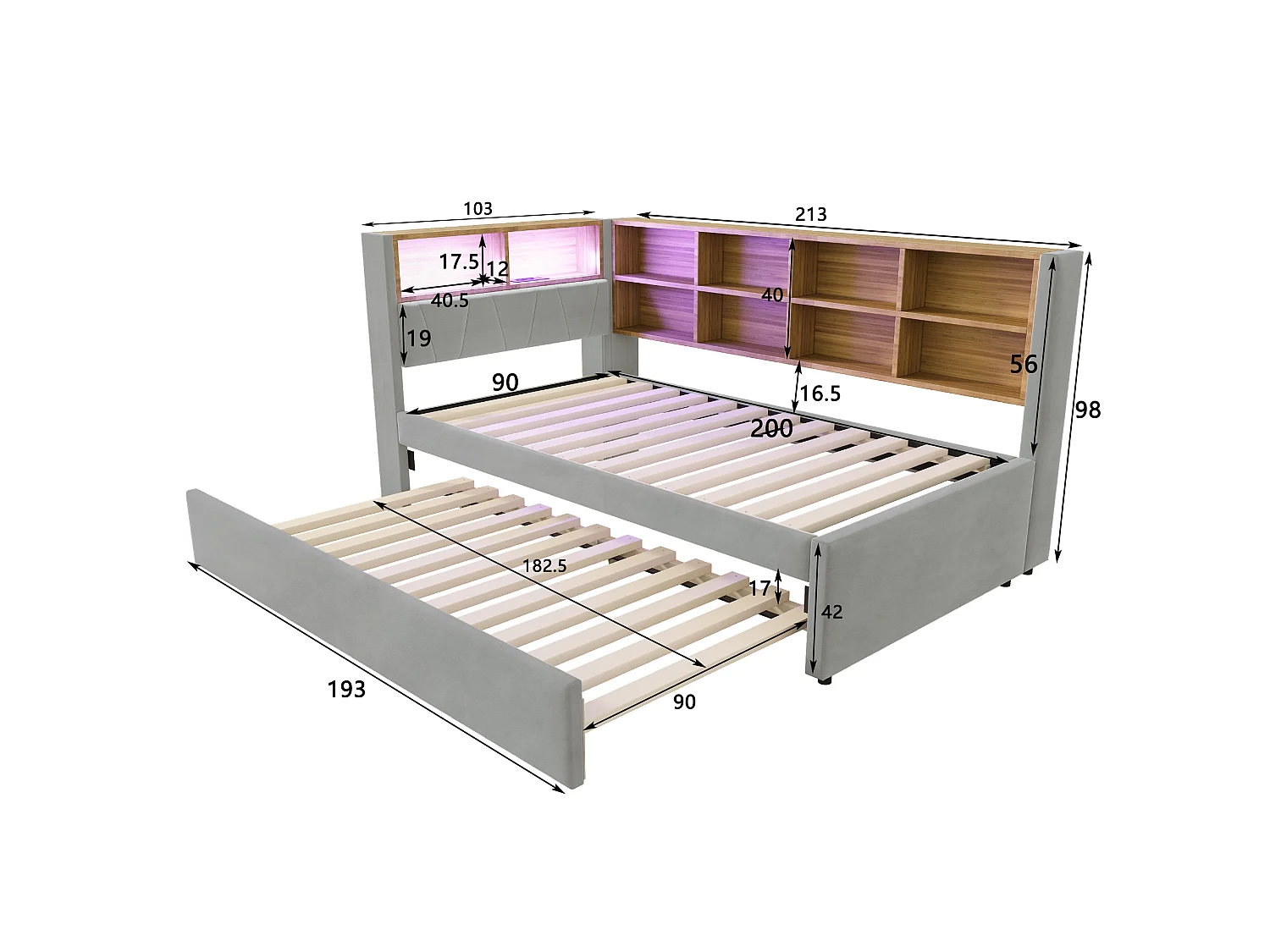 Lit banquette 90 x 200 cm - Lit gigogne 90 x 190 cm avec éclairage LED et nombreux rangements - flanelle gris clair