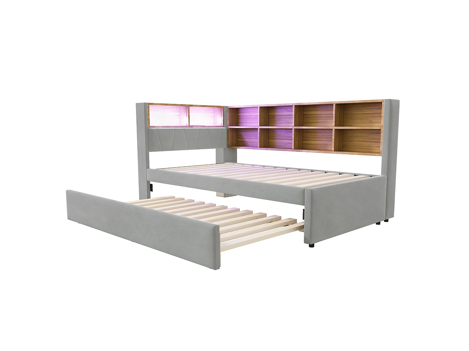 Lit banquette 90 x 200 cm - Lit gigogne 90 x 190 cm avec éclairage LED et nombreux rangements - flanelle gris clair