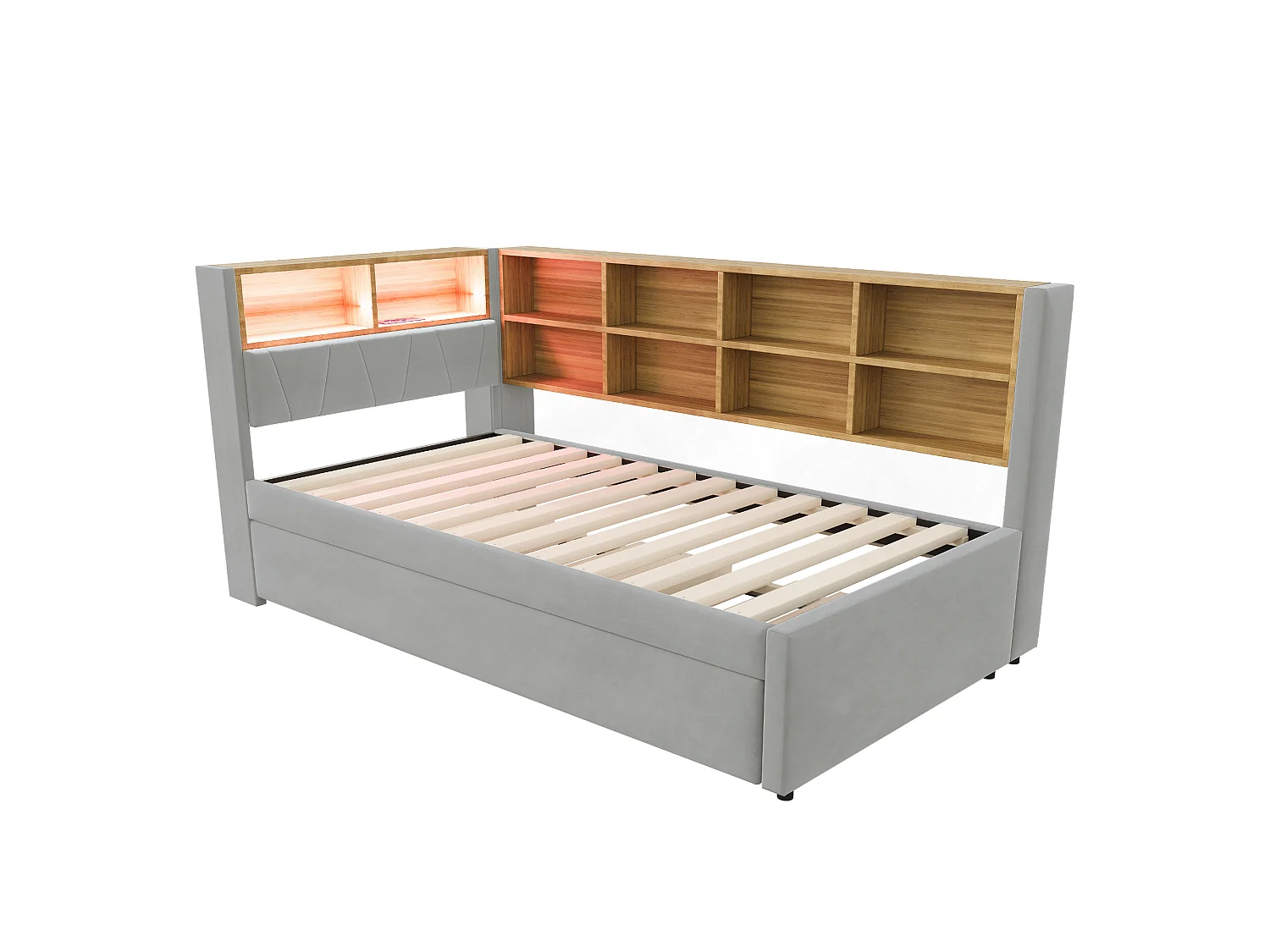 Lit banquette 90 x 200 cm - Lit gigogne 90 x 190 cm avec éclairage LED et nombreux rangements - flanelle gris clair
