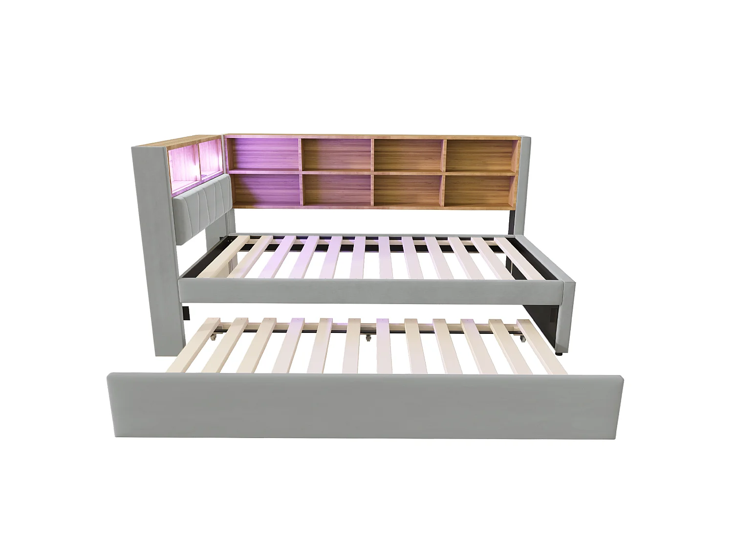 Lit banquette 90 x 200 cm - Lit gigogne 90 x 190 cm avec éclairage LED et nombreux rangements - flanelle gris clair