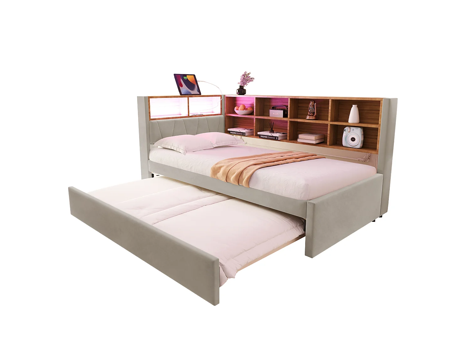 Lit banquette 90 x 200 cm - Lit gigogne 90 x 190 cm avec éclairage LED et nombreux rangements - flanelle gris clair